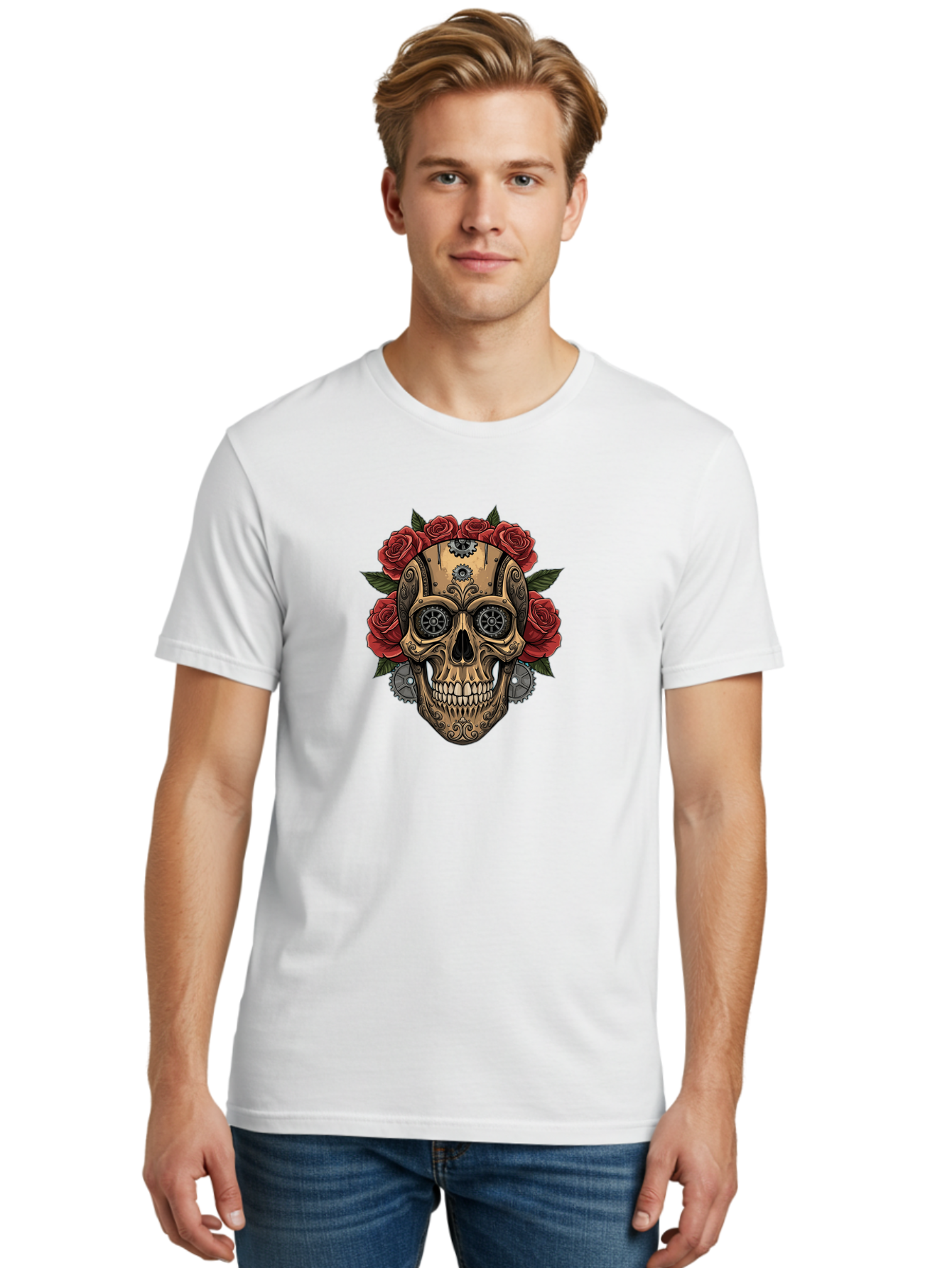 Sugar-Skull-With-Roses Men'S Graphic Tee, 100% Cotton, Comfortable Casual Summer Wear, Machine Washable, Sugar Skull, Day Of The Dead, Mechanical Parts, Floral Wreath, Red Roses, Gothic Design, Steampunk Style, Intricate Details, Bad791
