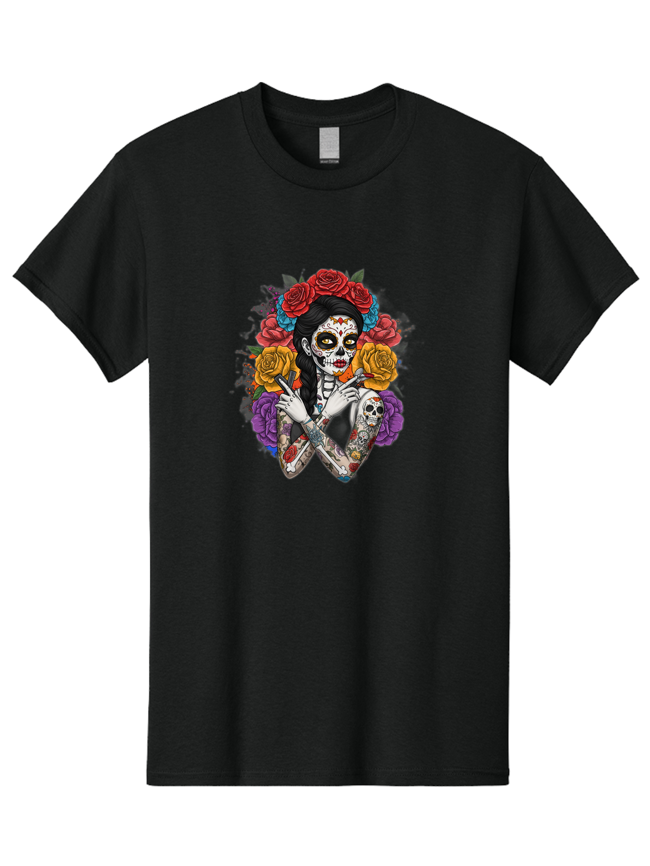 Sugar-Skull-Woman Men'S Graphic Tee, 100% Cotton, Comfortable Casual Summer Wear, Machine Washable, Sugar Skull, Day Of The Dead, Tattoo Art, Floral Crown, Roses, Skull Makeup, Vibrant Colors, Gothic Style, Feminine Beauty, Bad792