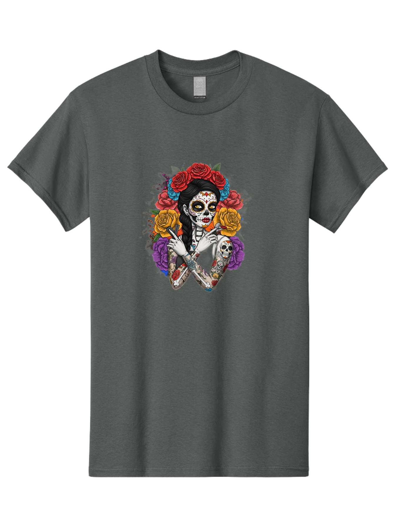 Sugar-Skull-Woman Men'S Graphic Tee, 100% Cotton, Comfortable Casual Summer Wear, Machine Washable, Sugar Skull, Day Of The Dead, Tattoo Art, Floral Crown, Roses, Skull Makeup, Vibrant Colors, Gothic Style, Feminine Beauty, Bad792