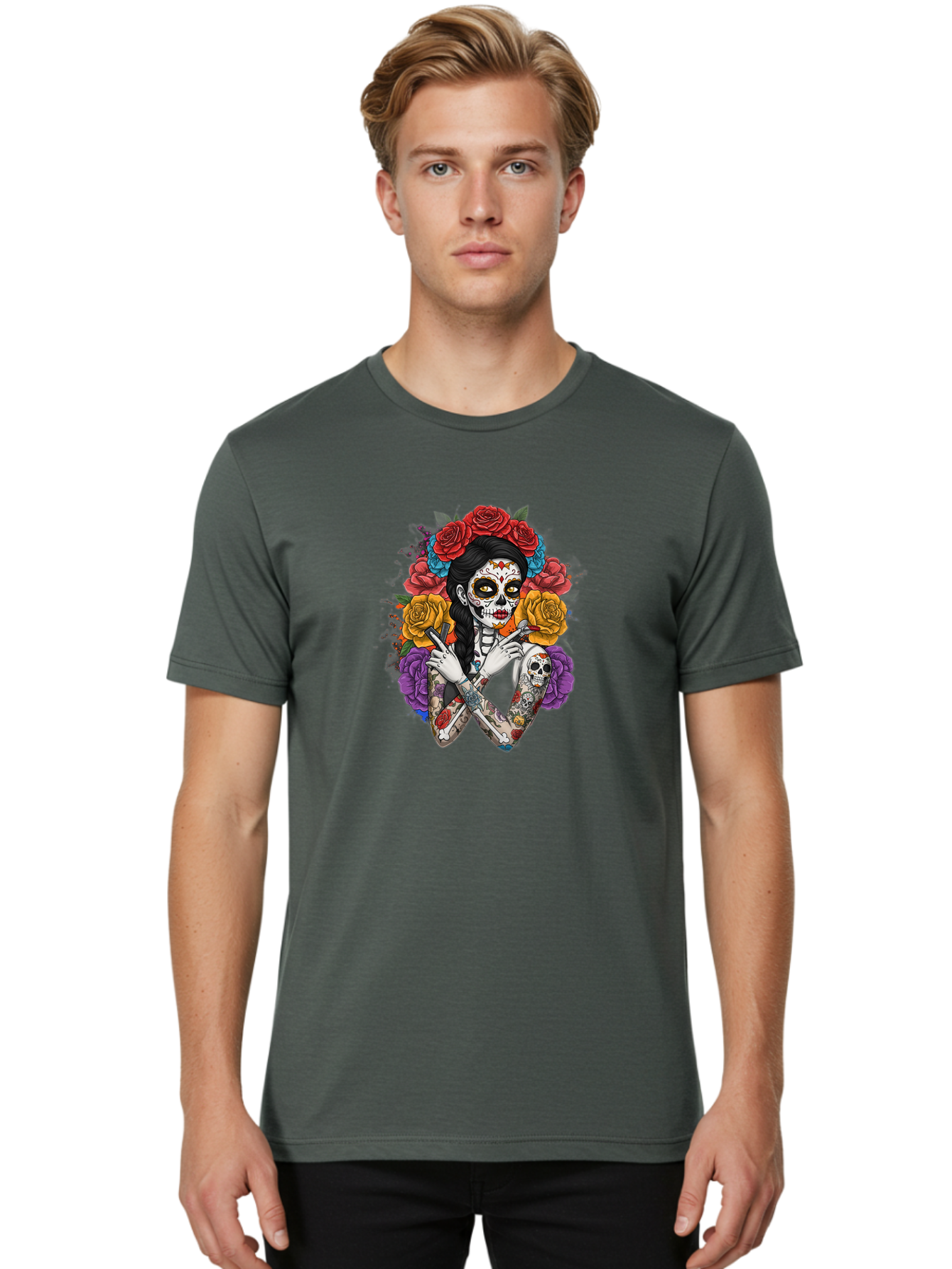 Sugar-Skull-Woman Men'S Graphic Tee, 100% Cotton, Comfortable Casual Summer Wear, Machine Washable, Sugar Skull, Day Of The Dead, Tattoo Art, Floral Crown, Roses, Skull Makeup, Vibrant Colors, Gothic Style, Feminine Beauty, Bad792