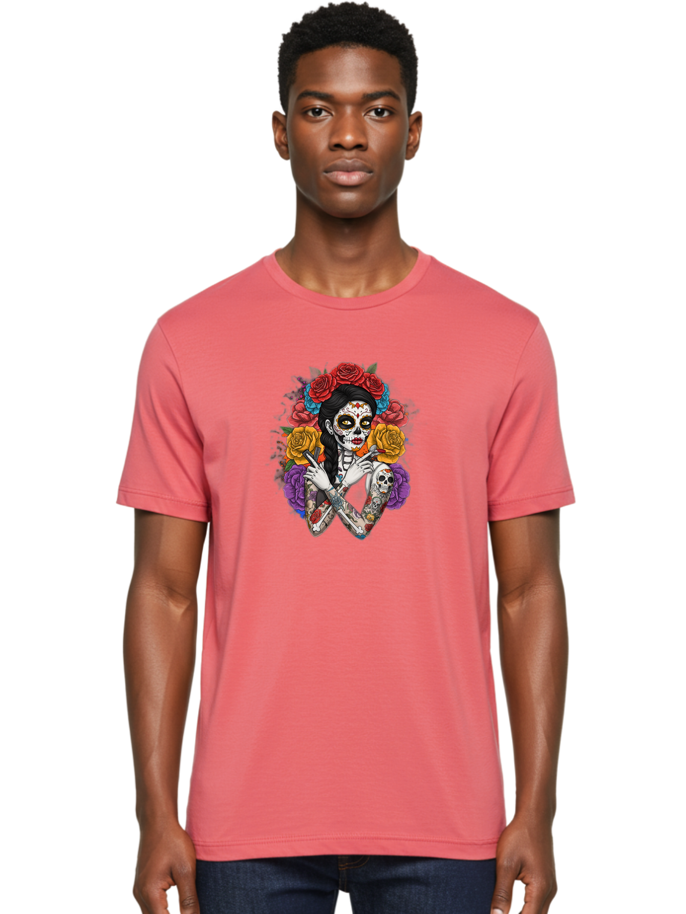 Sugar-Skull-Woman Men'S Graphic Tee, 100% Cotton, Comfortable Casual Summer Wear, Machine Washable, Sugar Skull, Day Of The Dead, Tattoo Art, Floral Crown, Roses, Skull Makeup, Vibrant Colors, Gothic Style, Feminine Beauty, Bad792