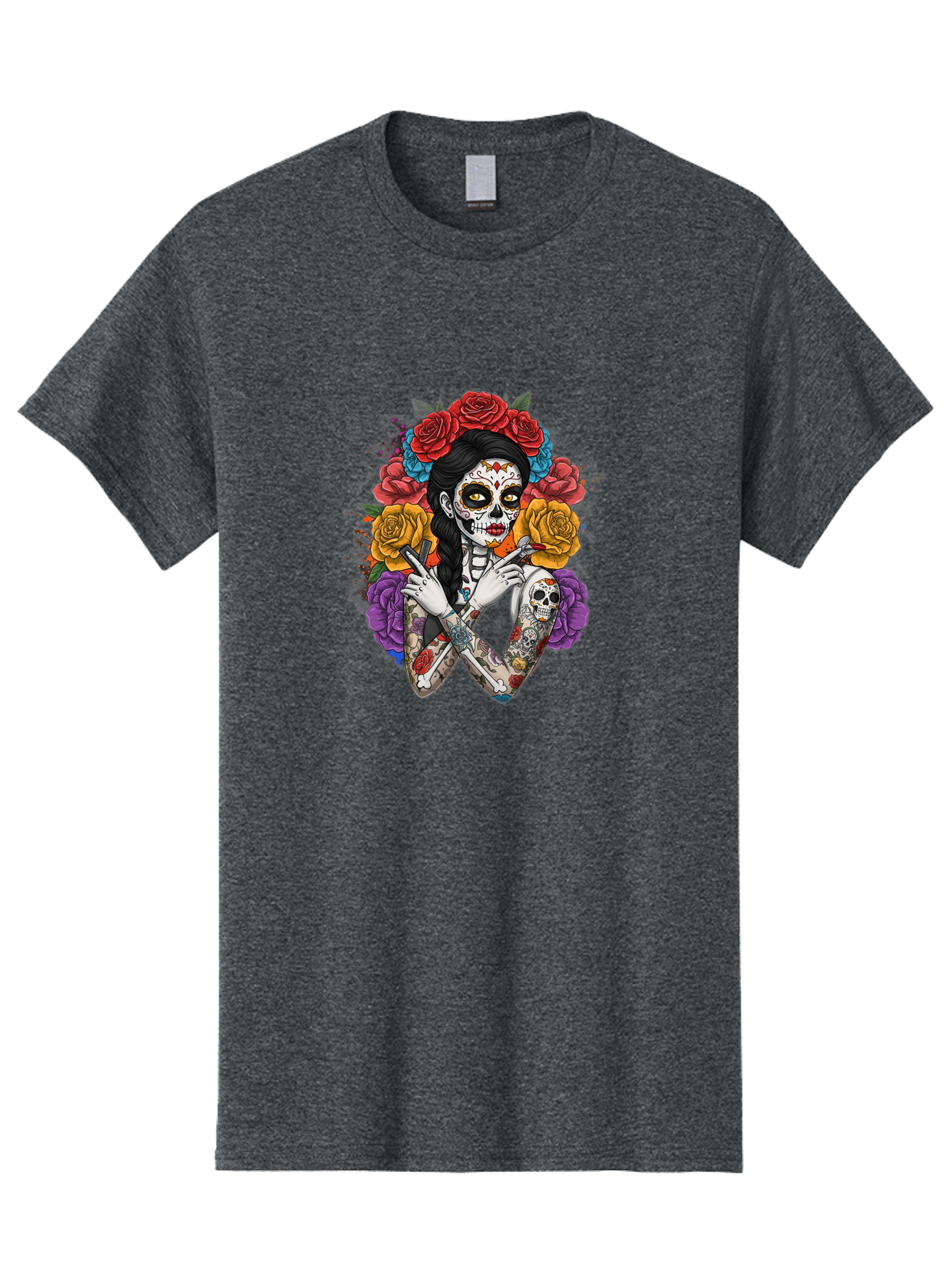 Sugar-Skull-Woman Men'S Graphic Tee, 100% Cotton, Comfortable Casual Summer Wear, Machine Washable, Sugar Skull, Day Of The Dead, Tattoo Art, Floral Crown, Roses, Skull Makeup, Vibrant Colors, Gothic Style, Feminine Beauty, Bad792