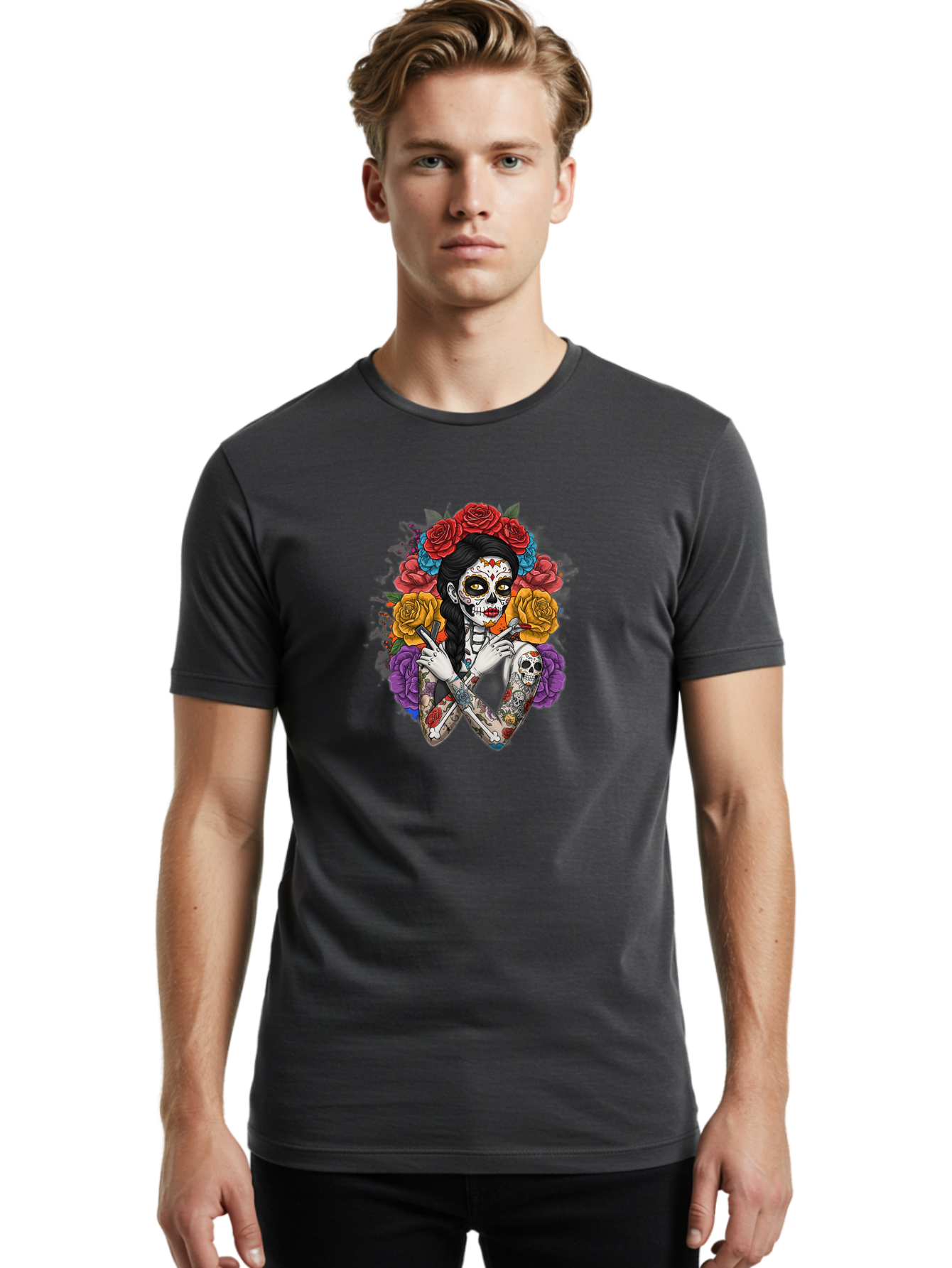 Sugar-Skull-Woman Men'S Graphic Tee, 100% Cotton, Comfortable Casual Summer Wear, Machine Washable, Sugar Skull, Day Of The Dead, Tattoo Art, Floral Crown, Roses, Skull Makeup, Vibrant Colors, Gothic Style, Feminine Beauty, Bad792