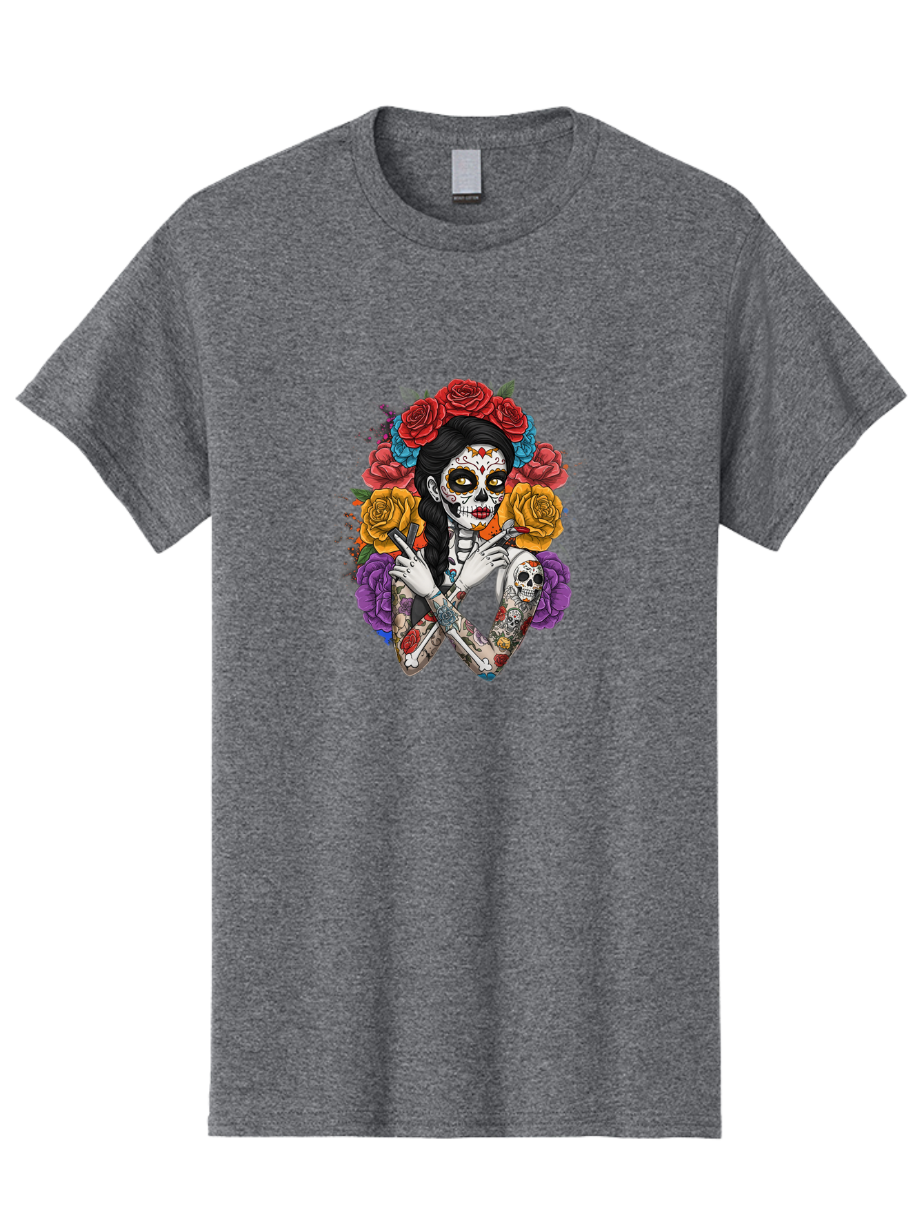 Sugar-Skull-Woman Men'S Graphic Tee, 100% Cotton, Comfortable Casual Summer Wear, Machine Washable, Sugar Skull, Day Of The Dead, Tattoo Art, Floral Crown, Roses, Skull Makeup, Vibrant Colors, Gothic Style, Feminine Beauty, Bad792