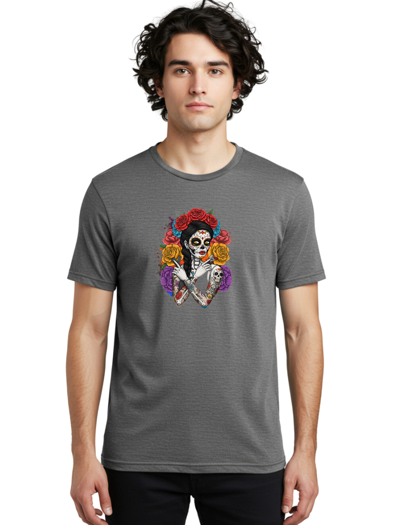 Sugar-Skull-Woman Men'S Graphic Tee, 100% Cotton, Comfortable Casual Summer Wear, Machine Washable, Sugar Skull, Day Of The Dead, Tattoo Art, Floral Crown, Roses, Skull Makeup, Vibrant Colors, Gothic Style, Feminine Beauty, Bad792