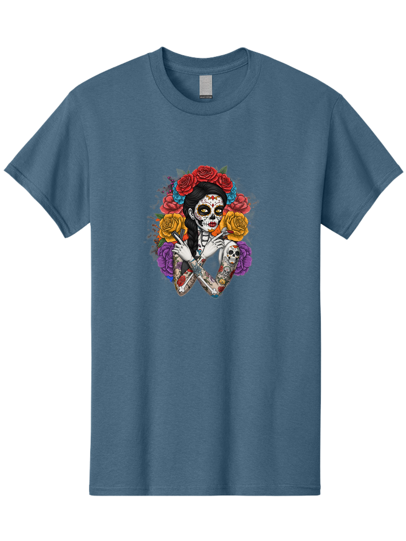 Sugar-Skull-Woman Men'S Graphic Tee, 100% Cotton, Comfortable Casual Summer Wear, Machine Washable, Sugar Skull, Day Of The Dead, Tattoo Art, Floral Crown, Roses, Skull Makeup, Vibrant Colors, Gothic Style, Feminine Beauty, Bad792