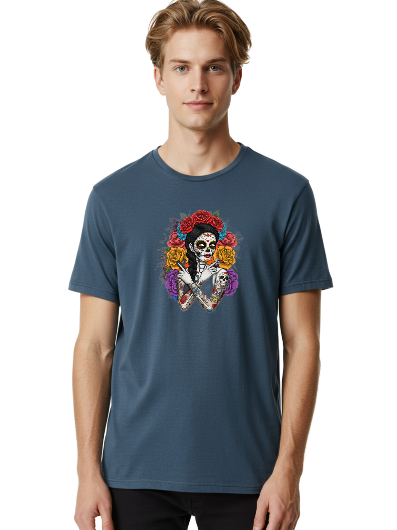 Sugar-Skull-Woman Men'S Graphic Tee, 100% Cotton, Comfortable Casual Summer Wear, Machine Washable, Sugar Skull, Day Of The Dead, Tattoo Art, Floral Crown, Roses, Skull Makeup, Vibrant Colors, Gothic Style, Feminine Beauty, Bad792