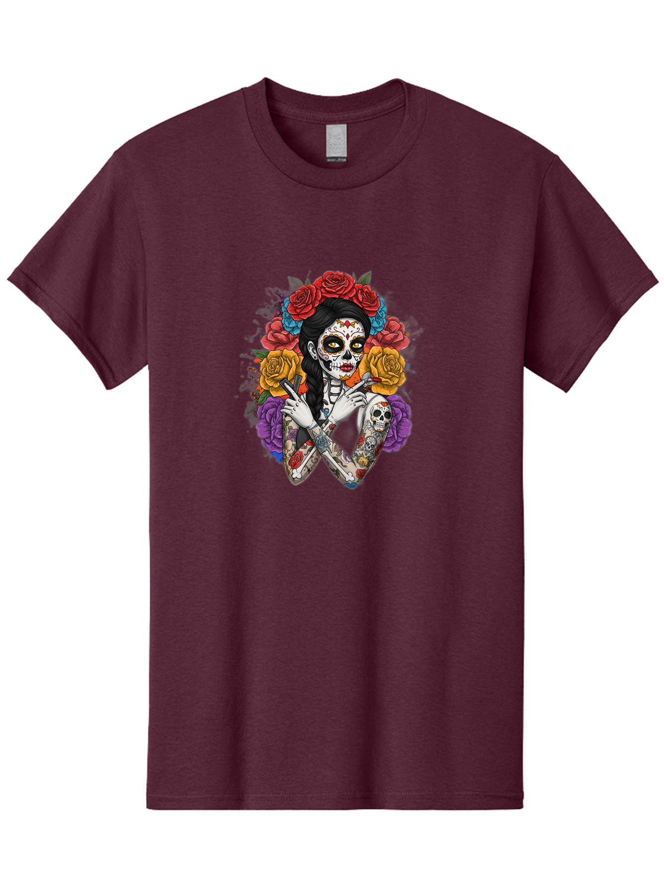 Sugar-Skull-Woman Men'S Graphic Tee, 100% Cotton, Comfortable Casual Summer Wear, Machine Washable, Sugar Skull, Day Of The Dead, Tattoo Art, Floral Crown, Roses, Skull Makeup, Vibrant Colors, Gothic Style, Feminine Beauty, Bad792