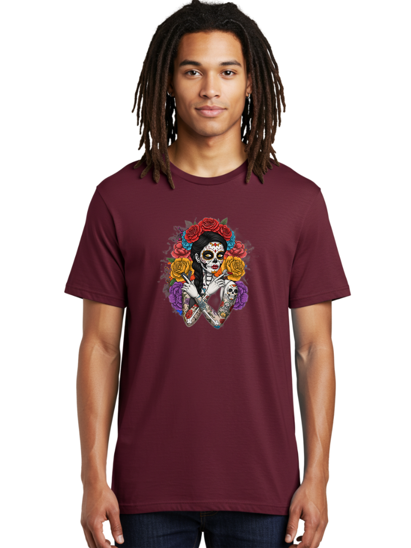 Sugar-Skull-Woman Men'S Graphic Tee, 100% Cotton, Comfortable Casual Summer Wear, Machine Washable, Sugar Skull, Day Of The Dead, Tattoo Art, Floral Crown, Roses, Skull Makeup, Vibrant Colors, Gothic Style, Feminine Beauty, Bad792
