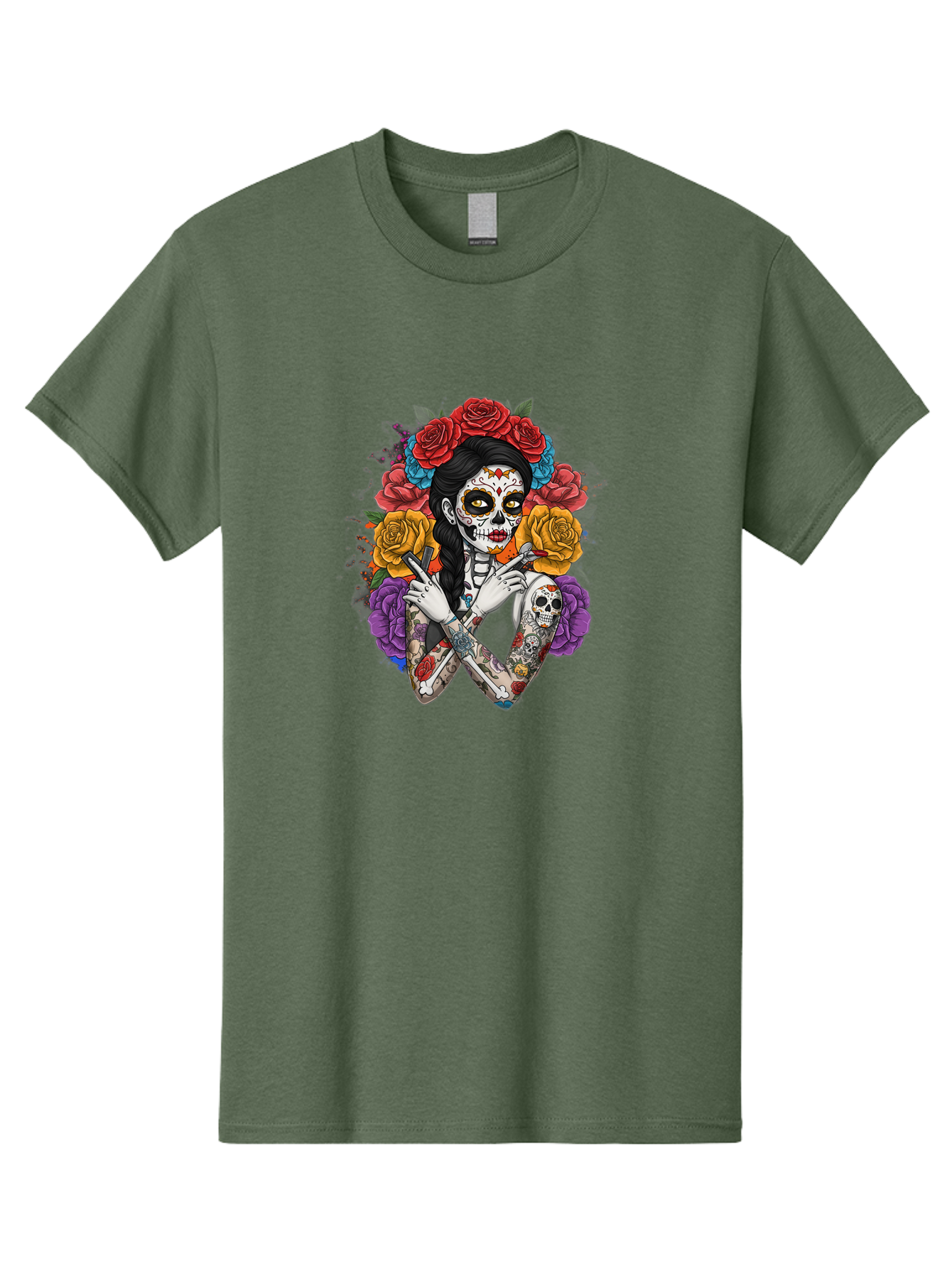Sugar-Skull-Woman Men'S Graphic Tee, 100% Cotton, Comfortable Casual Summer Wear, Machine Washable, Sugar Skull, Day Of The Dead, Tattoo Art, Floral Crown, Roses, Skull Makeup, Vibrant Colors, Gothic Style, Feminine Beauty, Bad792