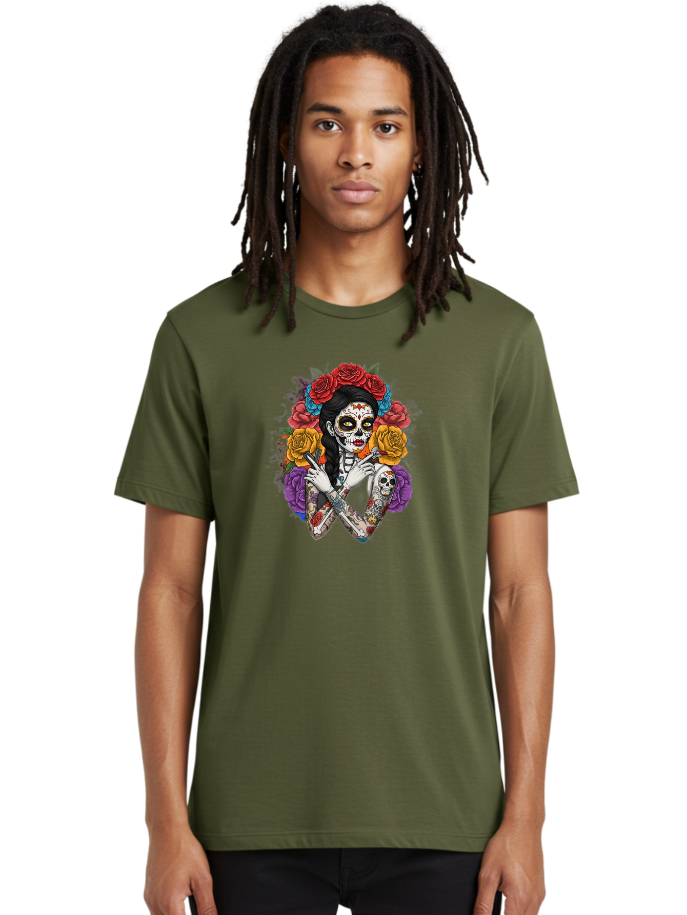 Sugar-Skull-Woman Men'S Graphic Tee, 100% Cotton, Comfortable Casual Summer Wear, Machine Washable, Sugar Skull, Day Of The Dead, Tattoo Art, Floral Crown, Roses, Skull Makeup, Vibrant Colors, Gothic Style, Feminine Beauty, Bad792