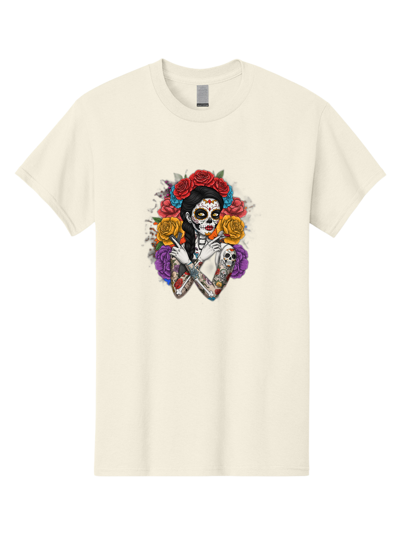 Sugar-Skull-Woman Men'S Graphic Tee, 100% Cotton, Comfortable Casual Summer Wear, Machine Washable, Sugar Skull, Day Of The Dead, Tattoo Art, Floral Crown, Roses, Skull Makeup, Vibrant Colors, Gothic Style, Feminine Beauty, Bad792