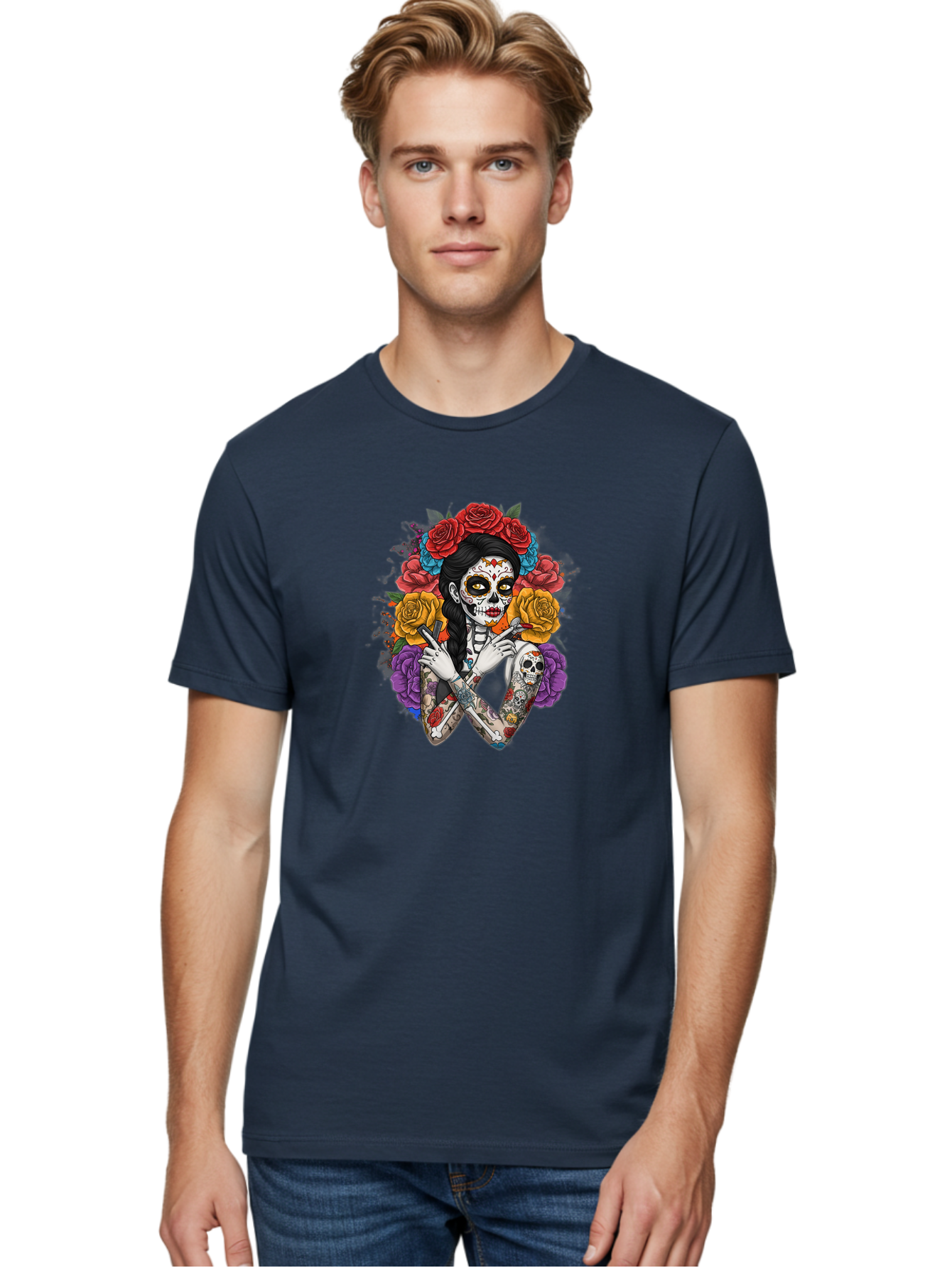 Sugar-Skull-Woman Men'S Graphic Tee, 100% Cotton, Comfortable Casual Summer Wear, Machine Washable, Sugar Skull, Day Of The Dead, Tattoo Art, Floral Crown, Roses, Skull Makeup, Vibrant Colors, Gothic Style, Feminine Beauty, Bad792