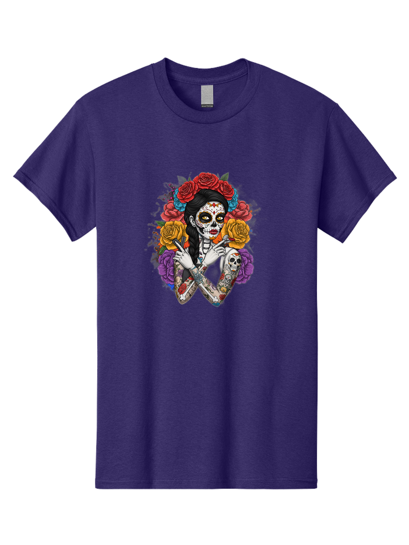 Sugar-Skull-Woman Men'S Graphic Tee, 100% Cotton, Comfortable Casual Summer Wear, Machine Washable, Sugar Skull, Day Of The Dead, Tattoo Art, Floral Crown, Roses, Skull Makeup, Vibrant Colors, Gothic Style, Feminine Beauty, Bad792