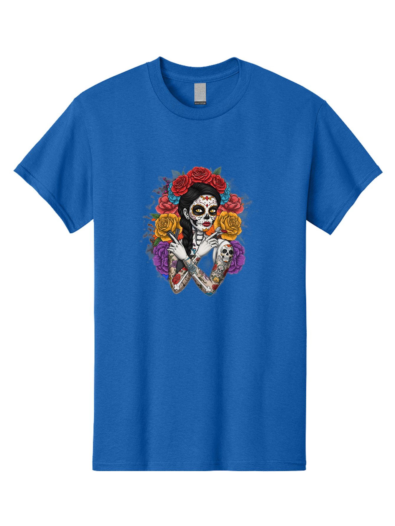 Sugar-Skull-Woman Men'S Graphic Tee, 100% Cotton, Comfortable Casual Summer Wear, Machine Washable, Sugar Skull, Day Of The Dead, Tattoo Art, Floral Crown, Roses, Skull Makeup, Vibrant Colors, Gothic Style, Feminine Beauty, Bad792