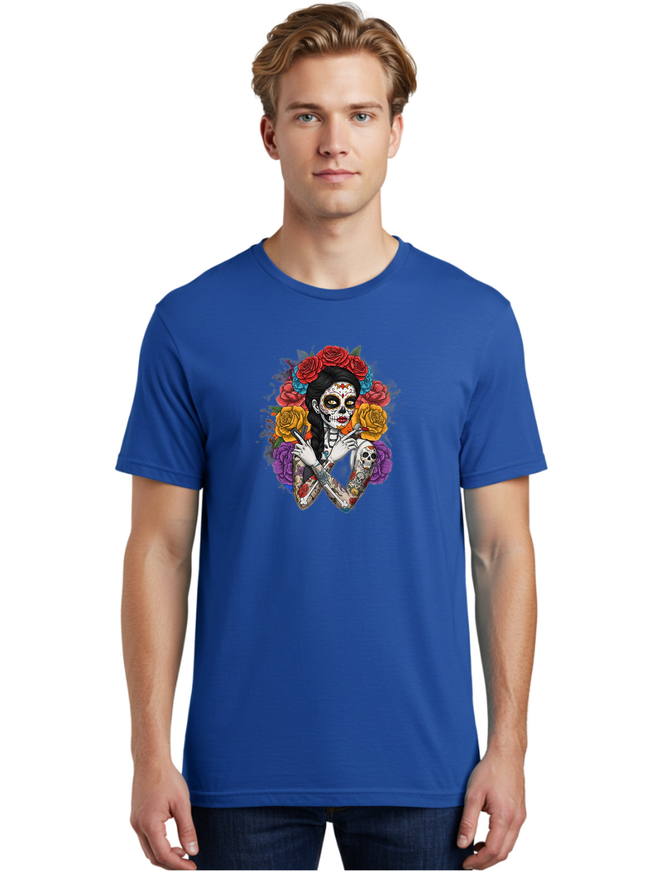 Sugar-Skull-Woman Men'S Graphic Tee, 100% Cotton, Comfortable Casual Summer Wear, Machine Washable, Sugar Skull, Day Of The Dead, Tattoo Art, Floral Crown, Roses, Skull Makeup, Vibrant Colors, Gothic Style, Feminine Beauty, Bad792