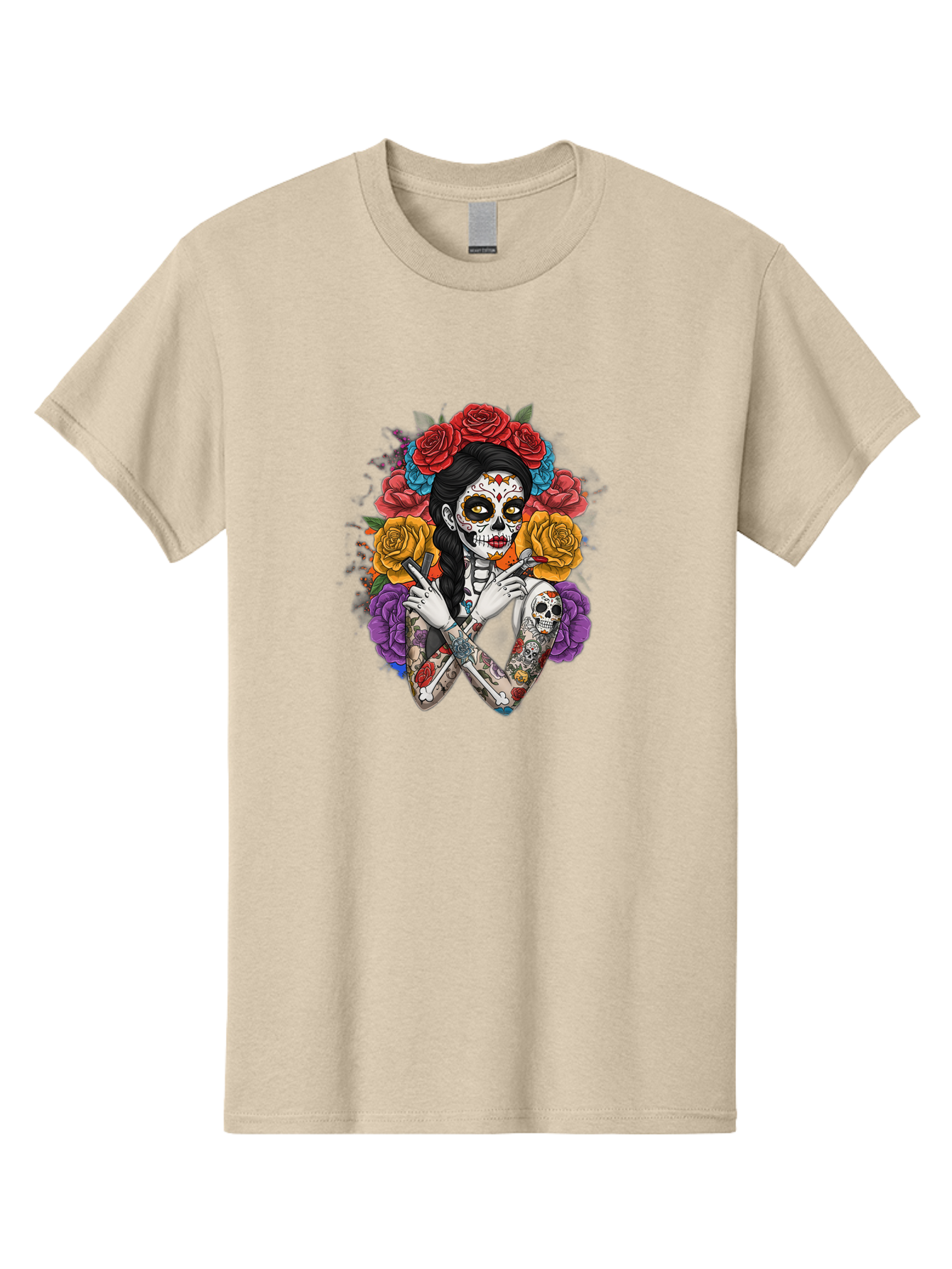 Sugar-Skull-Woman Men'S Graphic Tee, 100% Cotton, Comfortable Casual Summer Wear, Machine Washable, Sugar Skull, Day Of The Dead, Tattoo Art, Floral Crown, Roses, Skull Makeup, Vibrant Colors, Gothic Style, Feminine Beauty, Bad792