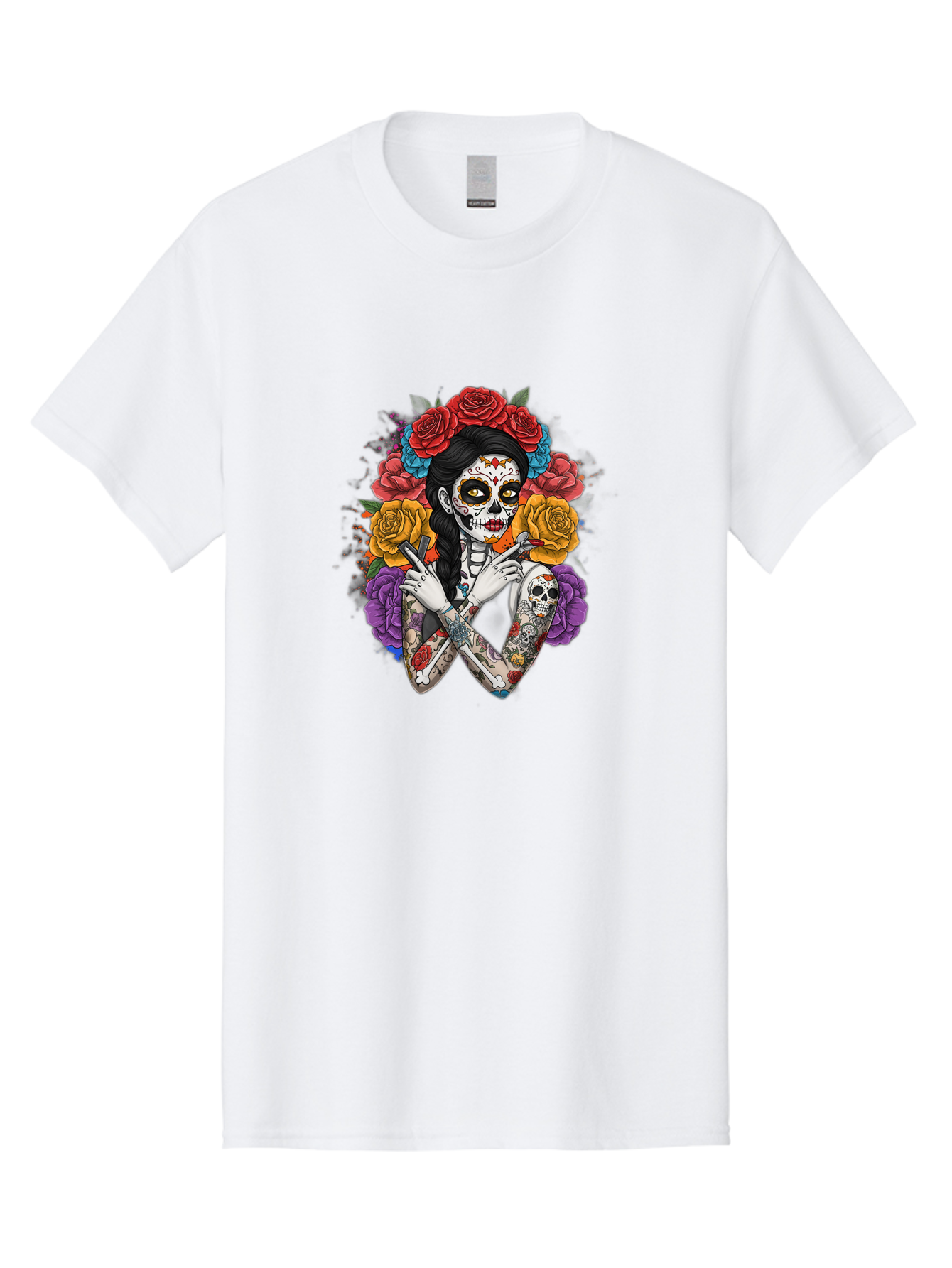 Sugar-Skull-Woman Men'S Graphic Tee, 100% Cotton, Comfortable Casual Summer Wear, Machine Washable, Sugar Skull, Day Of The Dead, Tattoo Art, Floral Crown, Roses, Skull Makeup, Vibrant Colors, Gothic Style, Feminine Beauty, Bad792