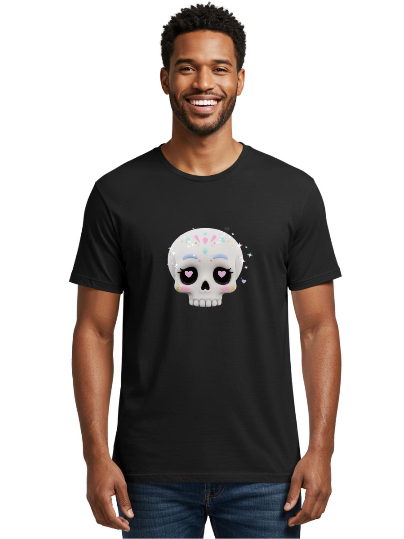 Sugar-Skull Men'S Graphic Tee, 100% Cotton, Comfortable Casual Summer Wear, Machine Washable, Sugar Skull Graphic, Cartoon-Style Skull, Pastel Colors, Festive Design, Day Of The Dead Theme, Colorful Sprinkles, Sparkly Elements, Bad793