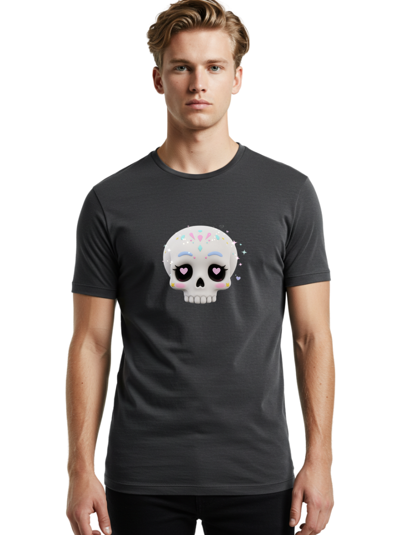 Sugar-Skull Men'S Graphic Tee, 100% Cotton, Comfortable Casual Summer Wear, Machine Washable, Sugar Skull Graphic, Cartoon-Style Skull, Pastel Colors, Festive Design, Day Of The Dead Theme, Colorful Sprinkles, Sparkly Elements, Bad793