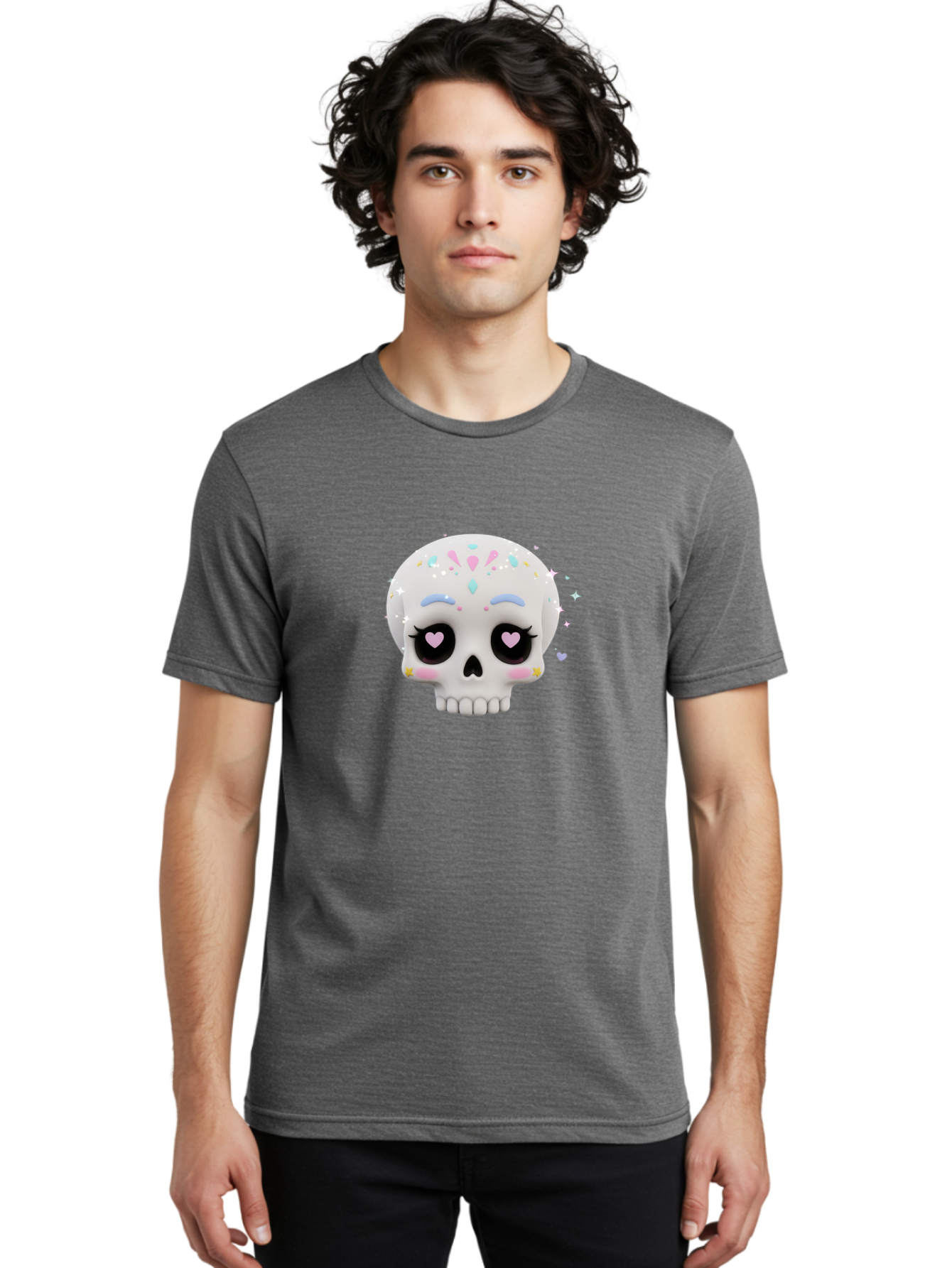 Sugar-Skull Men'S Graphic Tee, 100% Cotton, Comfortable Casual Summer Wear, Machine Washable, Sugar Skull Graphic, Cartoon-Style Skull, Pastel Colors, Festive Design, Day Of The Dead Theme, Colorful Sprinkles, Sparkly Elements, Bad793