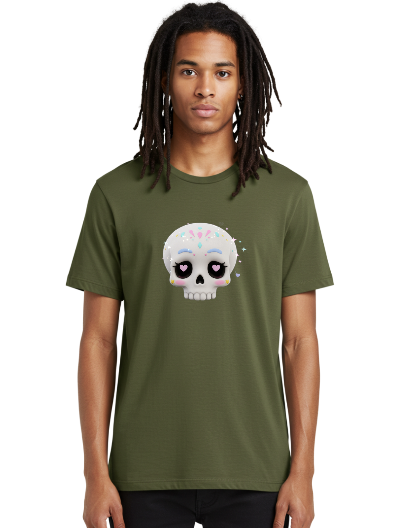 Sugar-Skull Men'S Graphic Tee, 100% Cotton, Comfortable Casual Summer Wear, Machine Washable, Sugar Skull Graphic, Cartoon-Style Skull, Pastel Colors, Festive Design, Day Of The Dead Theme, Colorful Sprinkles, Sparkly Elements, Bad793