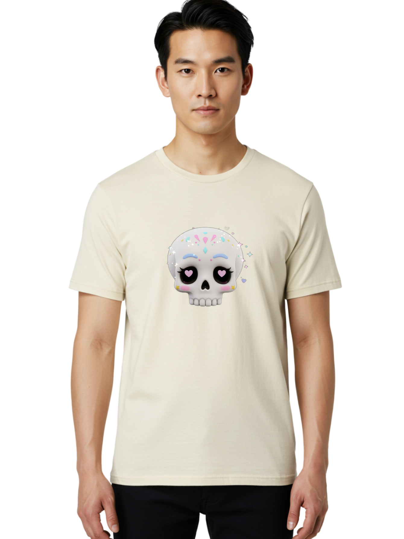 Sugar-Skull Men'S Graphic Tee, 100% Cotton, Comfortable Casual Summer Wear, Machine Washable, Sugar Skull Graphic, Cartoon-Style Skull, Pastel Colors, Festive Design, Day Of The Dead Theme, Colorful Sprinkles, Sparkly Elements, Bad793