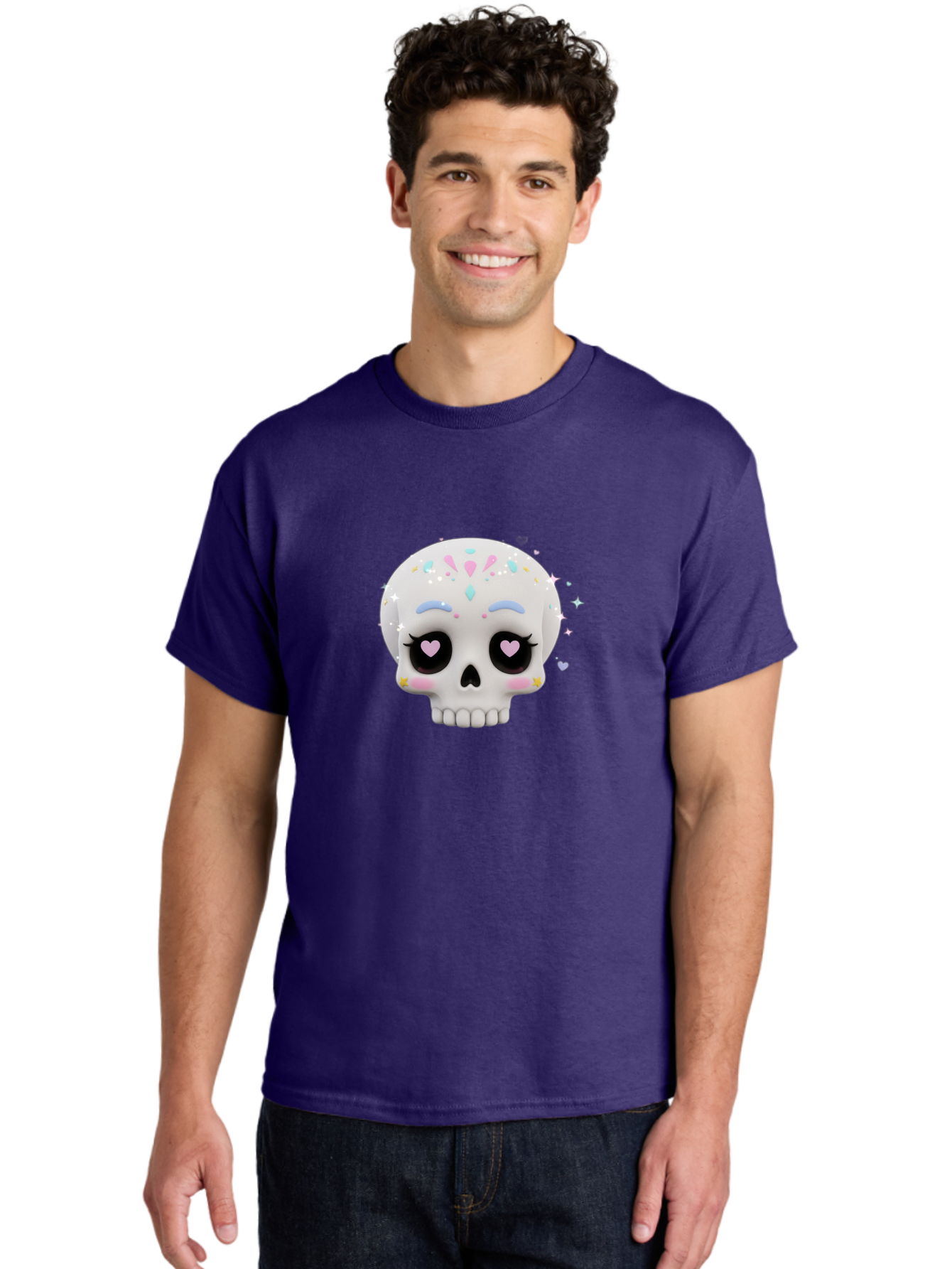 Sugar-Skull Men'S Graphic Tee, 100% Cotton, Comfortable Casual Summer Wear, Machine Washable, Sugar Skull Graphic, Cartoon-Style Skull, Pastel Colors, Festive Design, Day Of The Dead Theme, Colorful Sprinkles, Sparkly Elements, Bad793