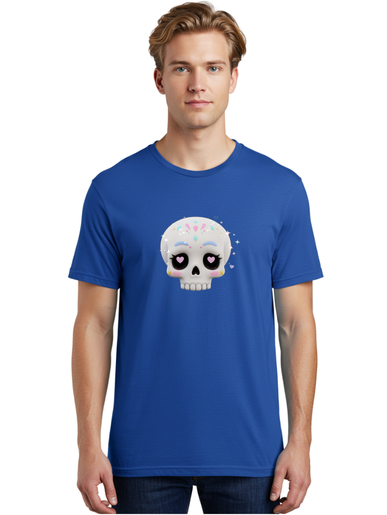 Sugar-Skull Men'S Graphic Tee, 100% Cotton, Comfortable Casual Summer Wear, Machine Washable, Sugar Skull Graphic, Cartoon-Style Skull, Pastel Colors, Festive Design, Day Of The Dead Theme, Colorful Sprinkles, Sparkly Elements, Bad793