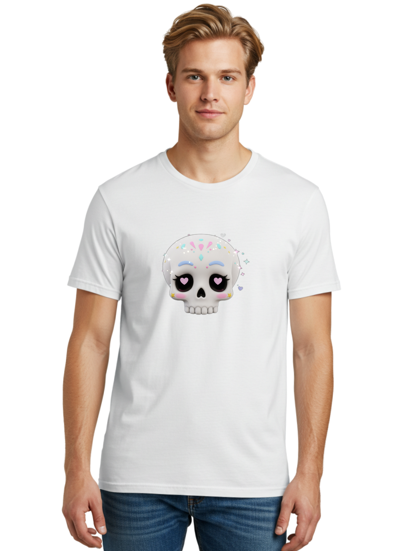 Sugar-Skull Men'S Graphic Tee, 100% Cotton, Comfortable Casual Summer Wear, Machine Washable, Sugar Skull Graphic, Cartoon-Style Skull, Pastel Colors, Festive Design, Day Of The Dead Theme, Colorful Sprinkles, Sparkly Elements, Bad793