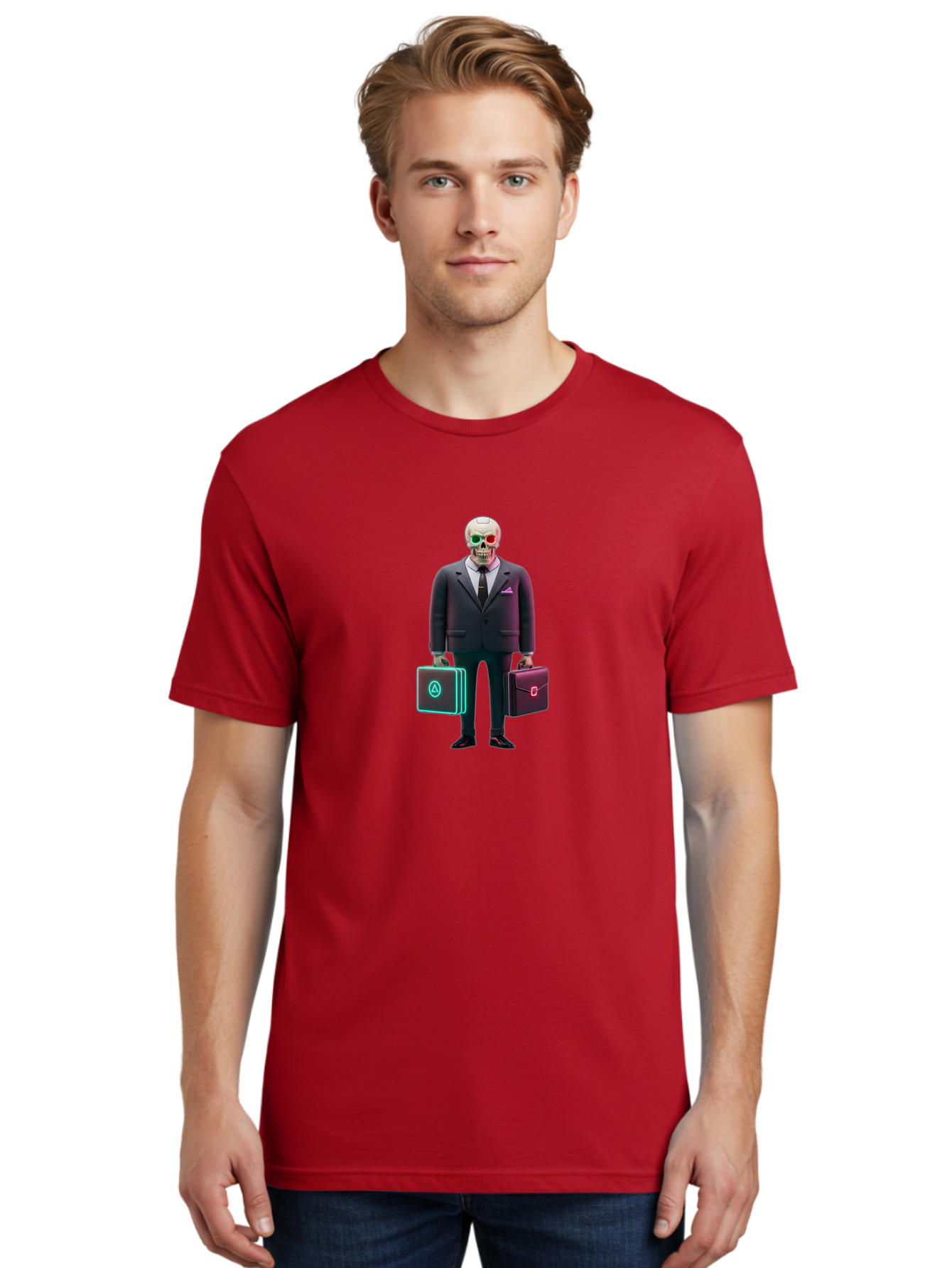 Suit-Skeleton Men'S Graphic Tee, 100% Cotton, Comfortable Casual Summer Wear, Machine Washable, Skeleton In A Business Suit, Red And Green Glowing Eyes, Two Briefcases, Corporate Attire, Futuristic Style, Digital Art, Modern Aesthetic, Bad795