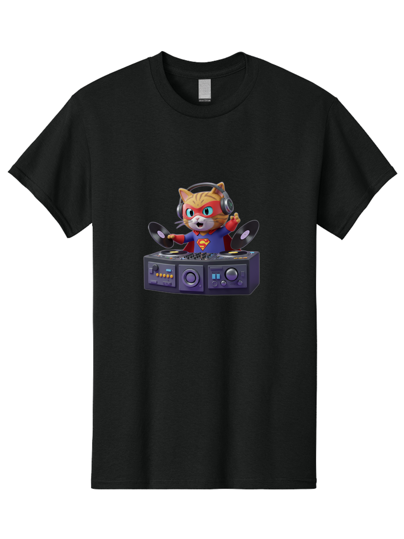 Superman-Cat-Dj Men'S Graphic Tee, 100% Cotton, Comfortable Casual Summer Wear, Machine Washable, Funny Cat, Dj Setup, Vinyl Records, Superhero Costume, Superman Logo, Party Atmosphere, Cartoon Character, Techno Music, Dancing Cat Bad796