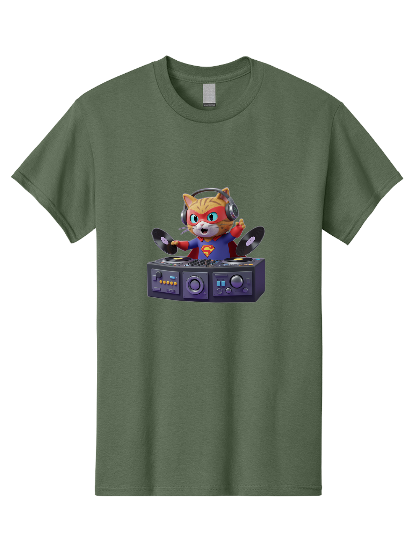 Superman-Cat-Dj Men'S Graphic Tee, 100% Cotton, Comfortable Casual Summer Wear, Machine Washable, Funny Cat, Dj Setup, Vinyl Records, Superhero Costume, Superman Logo, Party Atmosphere, Cartoon Character, Techno Music, Dancing Cat Bad796