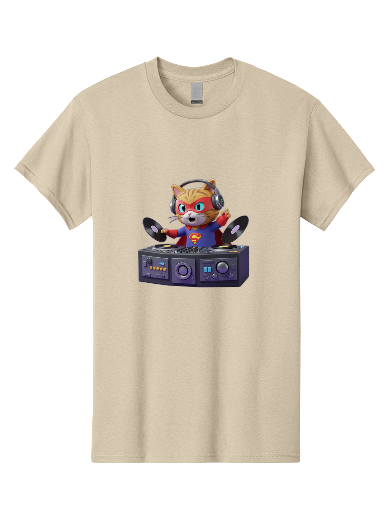 Superman-Cat-Dj Men'S Graphic Tee, 100% Cotton, Comfortable Casual Summer Wear, Machine Washable, Funny Cat, Dj Setup, Vinyl Records, Superhero Costume, Superman Logo, Party Atmosphere, Cartoon Character, Techno Music, Dancing Cat Bad796