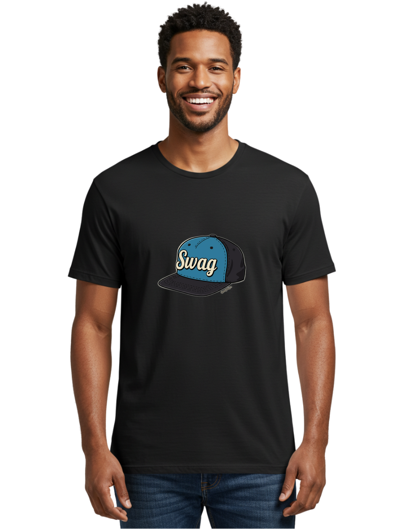 Swag-Baseball-Cap Men'S Graphic Tee, 100% Cotton, Comfortable Casual Summer Wear, Machine Washable, Baseball Cap, Swag Text, Blue And Black Hat, Trendy Accessory, Streetwear Fashion, Stylish Design, Cool Cap, Fashion Statement, Bad799