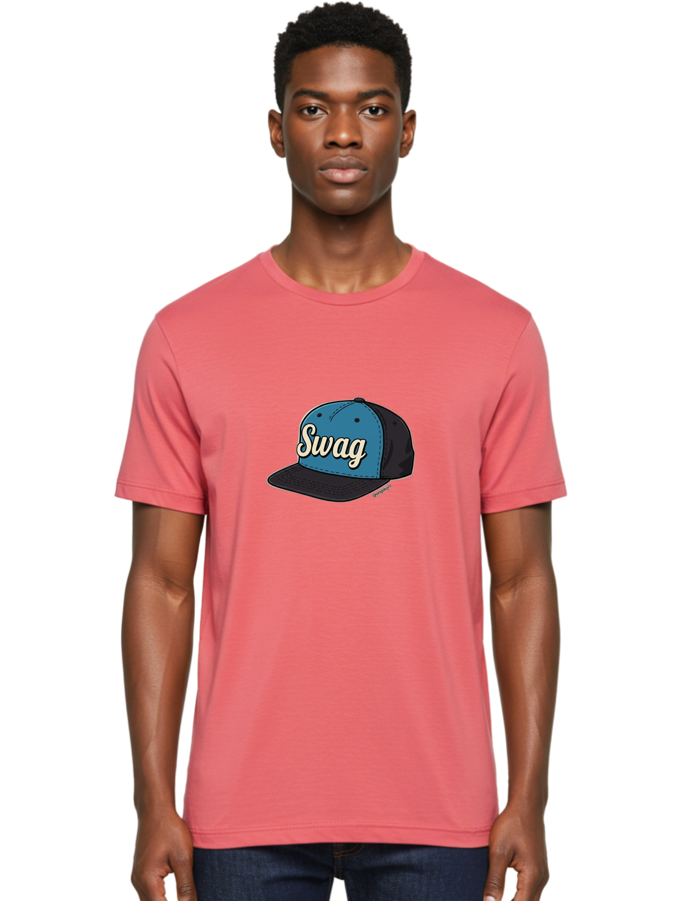 Swag-Baseball-Cap Men'S Graphic Tee, 100% Cotton, Comfortable Casual Summer Wear, Machine Washable, Baseball Cap, Swag Text, Blue And Black Hat, Trendy Accessory, Streetwear Fashion, Stylish Design, Cool Cap, Fashion Statement, Bad799