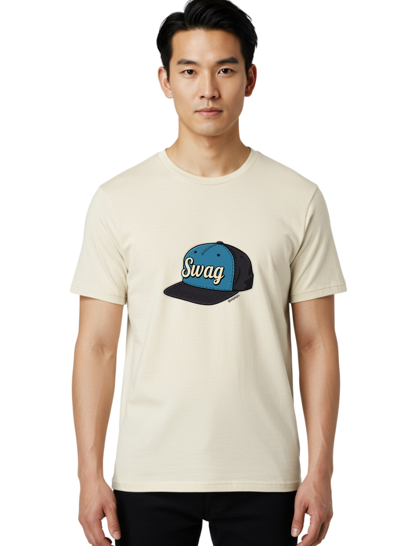 Swag-Baseball-Cap Men'S Graphic Tee, 100% Cotton, Comfortable Casual Summer Wear, Machine Washable, Baseball Cap, Swag Text, Blue And Black Hat, Trendy Accessory, Streetwear Fashion, Stylish Design, Cool Cap, Fashion Statement, Bad799
