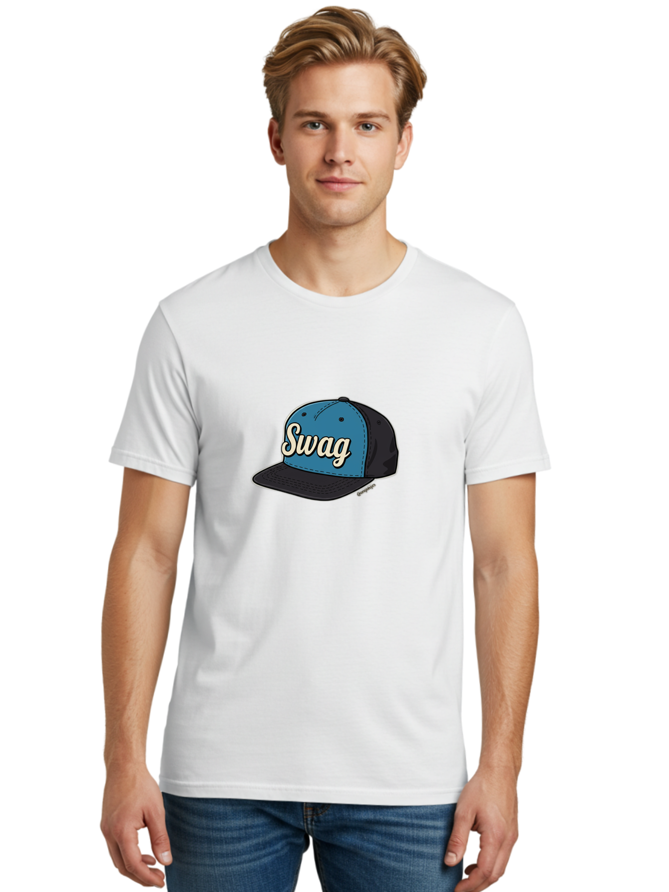 Swag-Baseball-Cap Men'S Graphic Tee, 100% Cotton, Comfortable Casual Summer Wear, Machine Washable, Baseball Cap, Swag Text, Blue And Black Hat, Trendy Accessory, Streetwear Fashion, Stylish Design, Cool Cap, Fashion Statement, Bad799