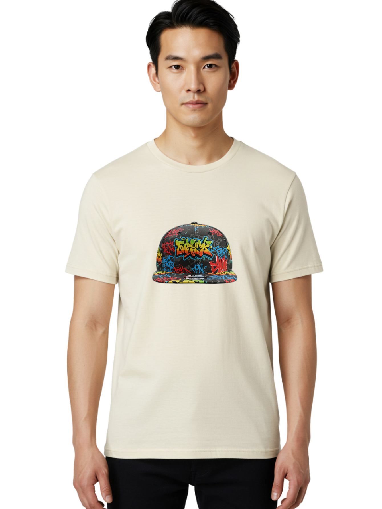 Talkfok-Graffiti-Baseball-Cap Men'S Graphic Tee, 100% Cotton, Comfortable Casual Summer Wear, Machine Washable, Graffiti Cap, Streetwear Fashion, Urban Style, Colorful Hat, Daft Punk, Vibrant Design, Street Art, Fashion Accessory, Trendy Hat, Bad801