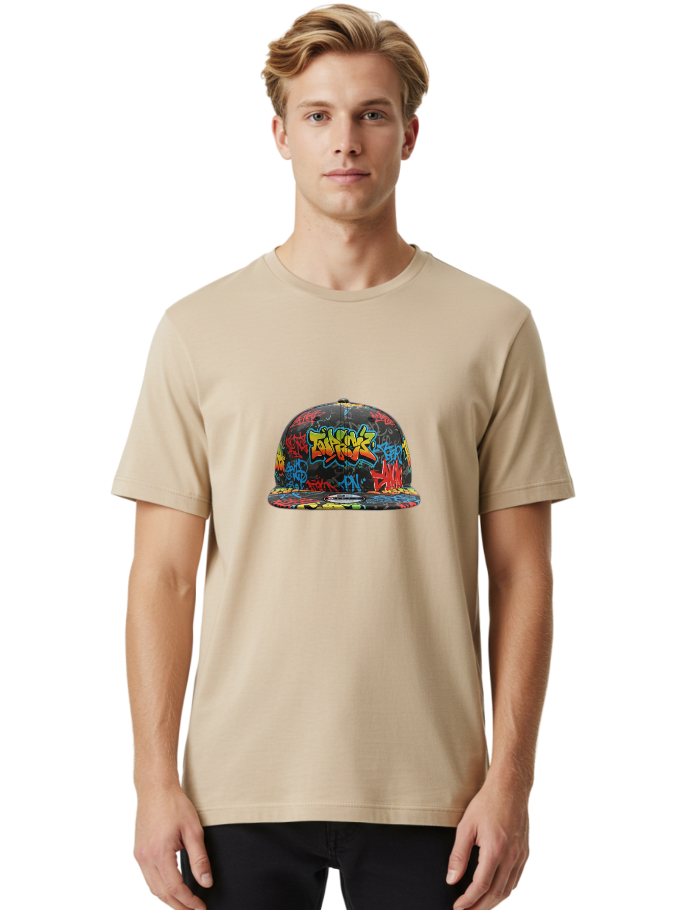 Talkfok-Graffiti-Baseball-Cap Men'S Graphic Tee, 100% Cotton, Comfortable Casual Summer Wear, Machine Washable, Graffiti Cap, Streetwear Fashion, Urban Style, Colorful Hat, Daft Punk, Vibrant Design, Street Art, Fashion Accessory, Trendy Hat, Bad801