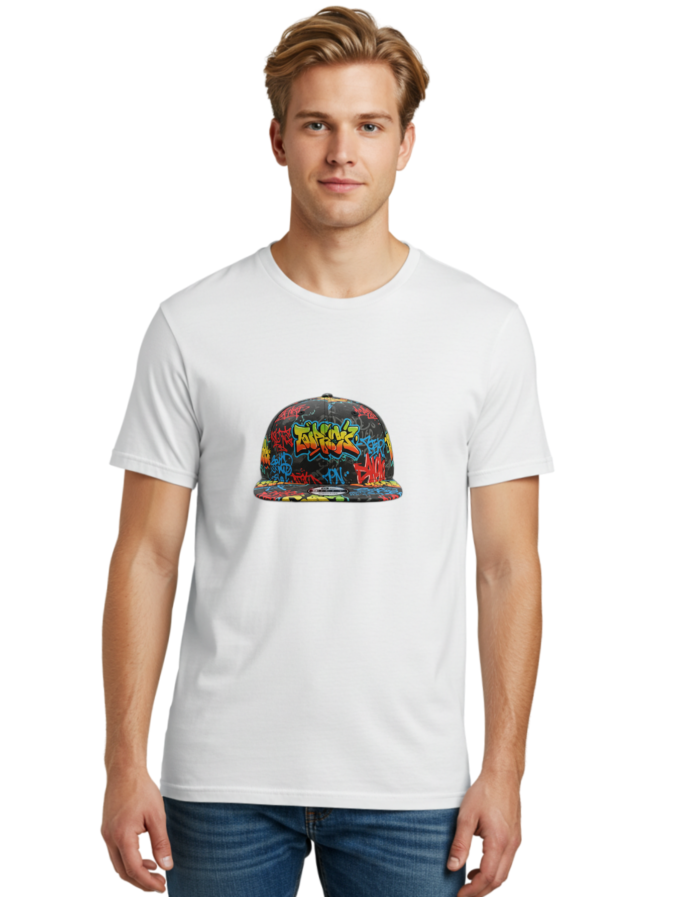 Talkfok-Graffiti-Baseball-Cap Men'S Graphic Tee, 100% Cotton, Comfortable Casual Summer Wear, Machine Washable, Graffiti Cap, Streetwear Fashion, Urban Style, Colorful Hat, Daft Punk, Vibrant Design, Street Art, Fashion Accessory, Trendy Hat, Bad801