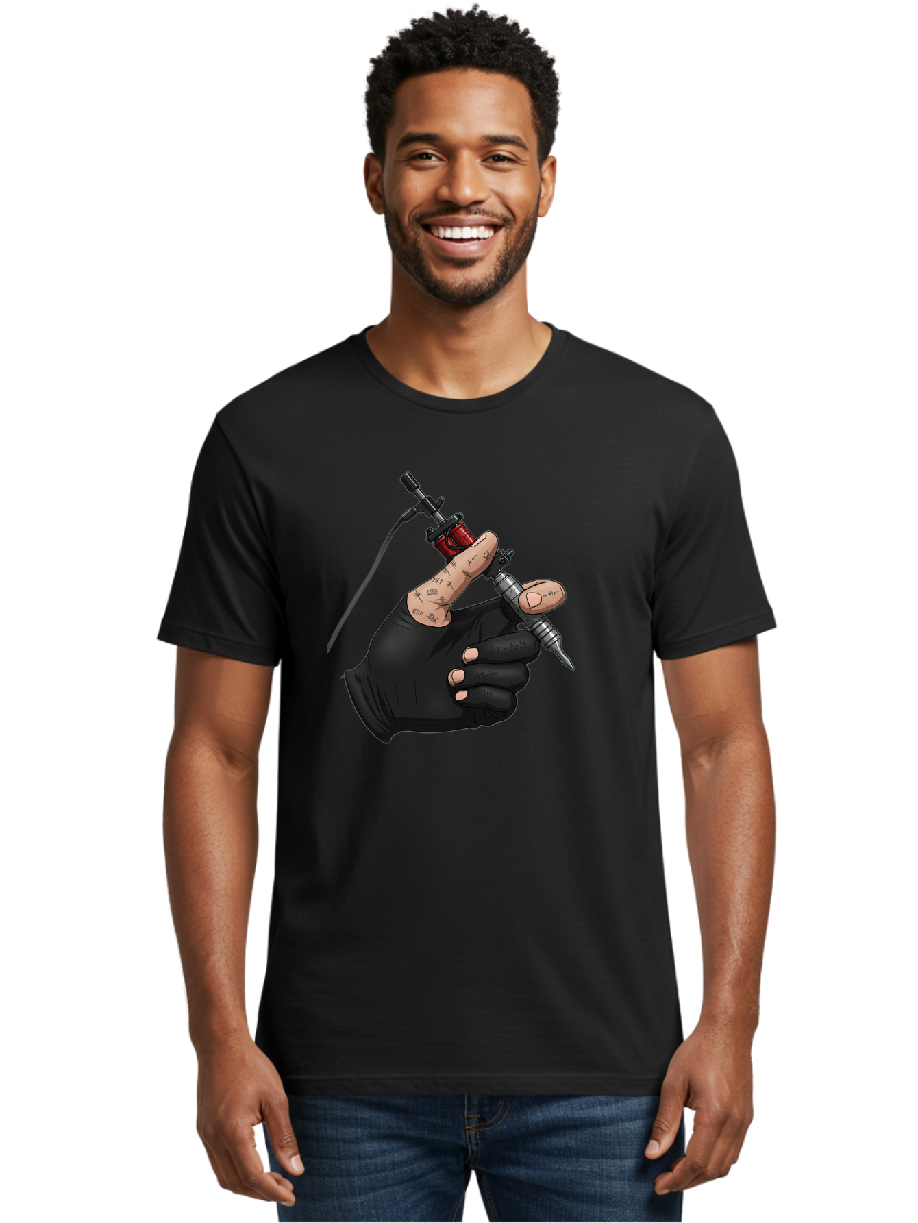Tattoo-Hand Men'S Graphic Tee, 100% Cotton, Comfortable Casual Summer Wear, Machine Washable, Tattoo Artist Hand, Black Glove, Tattoo Machine In Hand, Red Tattoo Gun, Silver Needle, Tattoo Art, Body Art, Inked Hand Bad802
