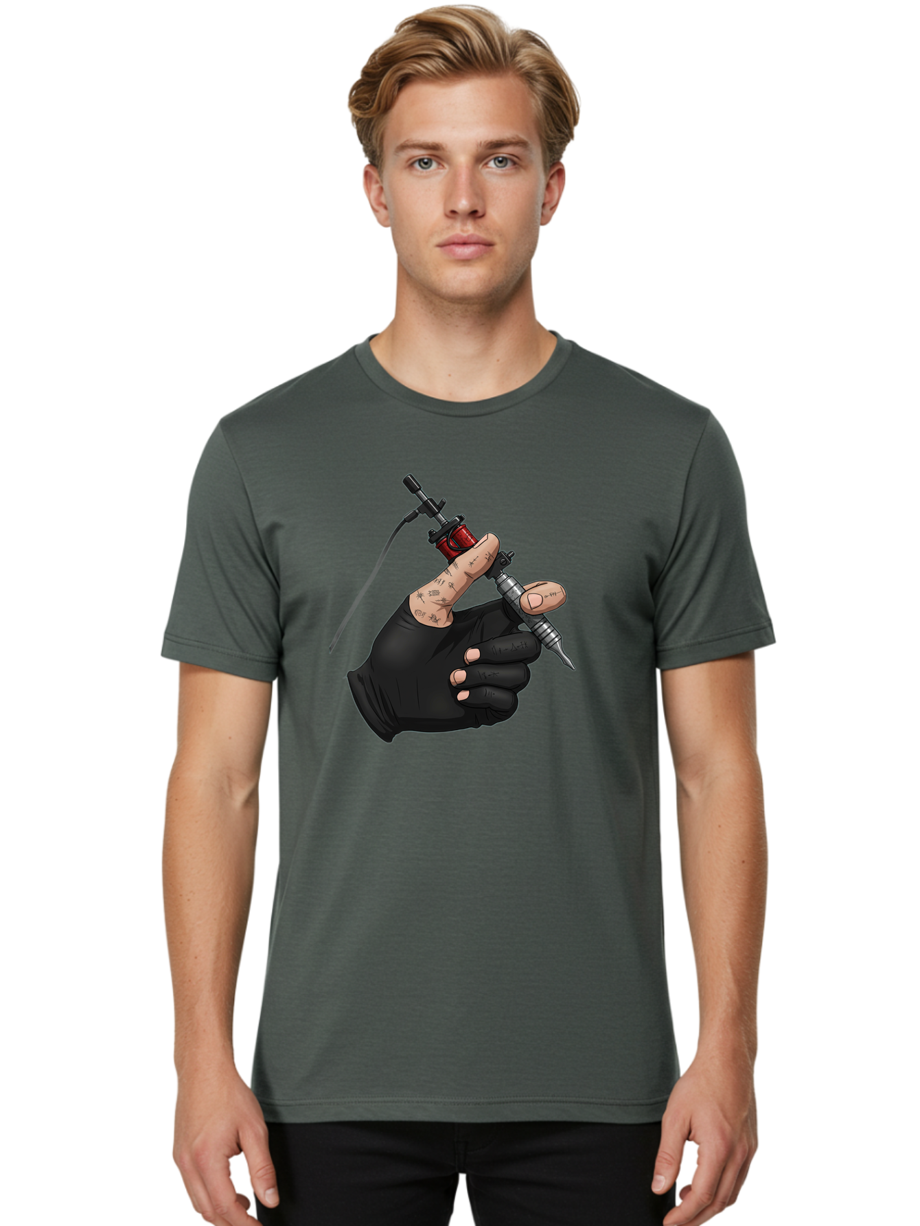 Tattoo-Hand Men'S Graphic Tee, 100% Cotton, Comfortable Casual Summer Wear, Machine Washable, Tattoo Artist Hand, Black Glove, Tattoo Machine In Hand, Red Tattoo Gun, Silver Needle, Tattoo Art, Body Art, Inked Hand Bad802