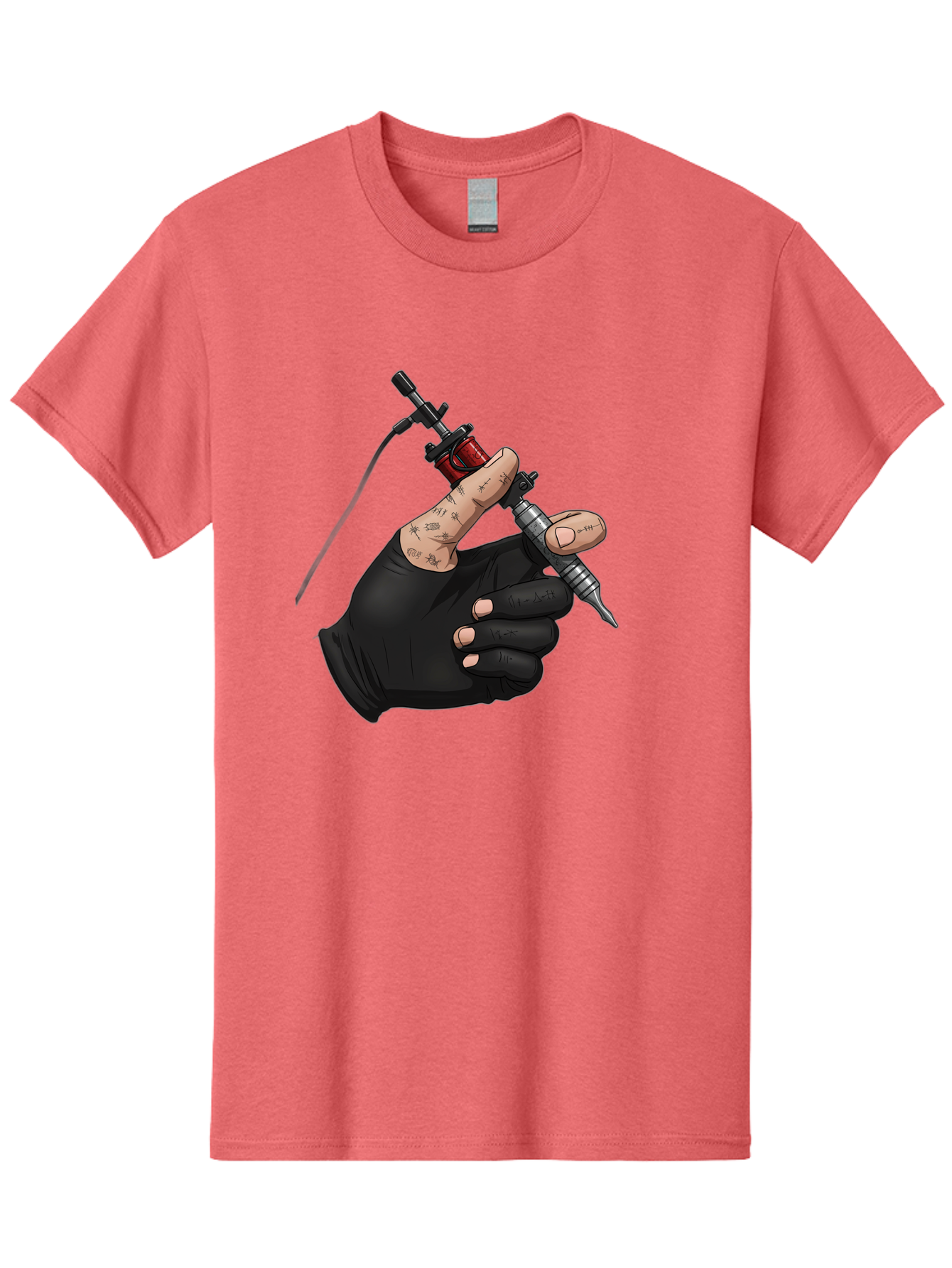 Tattoo-Hand Men'S Graphic Tee, 100% Cotton, Comfortable Casual Summer Wear, Machine Washable, Tattoo Artist Hand, Black Glove, Tattoo Machine In Hand, Red Tattoo Gun, Silver Needle, Tattoo Art, Body Art, Inked Hand Bad802