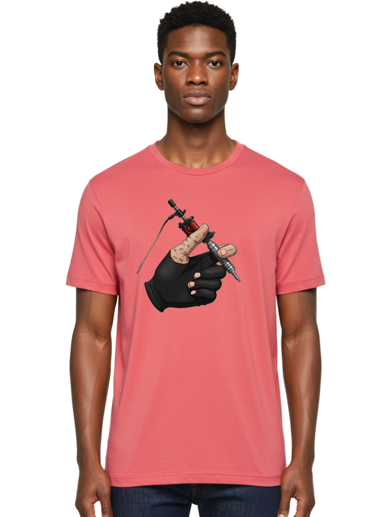 Tattoo-Hand Men'S Graphic Tee, 100% Cotton, Comfortable Casual Summer Wear, Machine Washable, Tattoo Artist Hand, Black Glove, Tattoo Machine In Hand, Red Tattoo Gun, Silver Needle, Tattoo Art, Body Art, Inked Hand Bad802