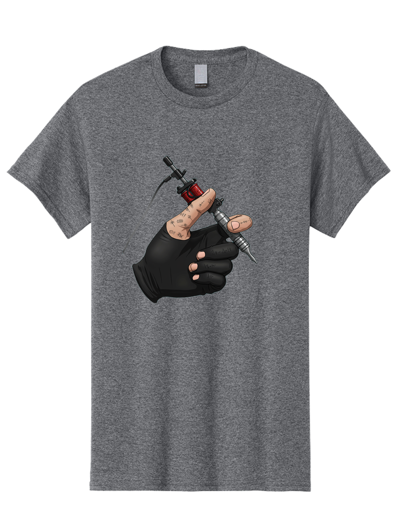 Tattoo-Hand Men'S Graphic Tee, 100% Cotton, Comfortable Casual Summer Wear, Machine Washable, Tattoo Artist Hand, Black Glove, Tattoo Machine In Hand, Red Tattoo Gun, Silver Needle, Tattoo Art, Body Art, Inked Hand Bad802