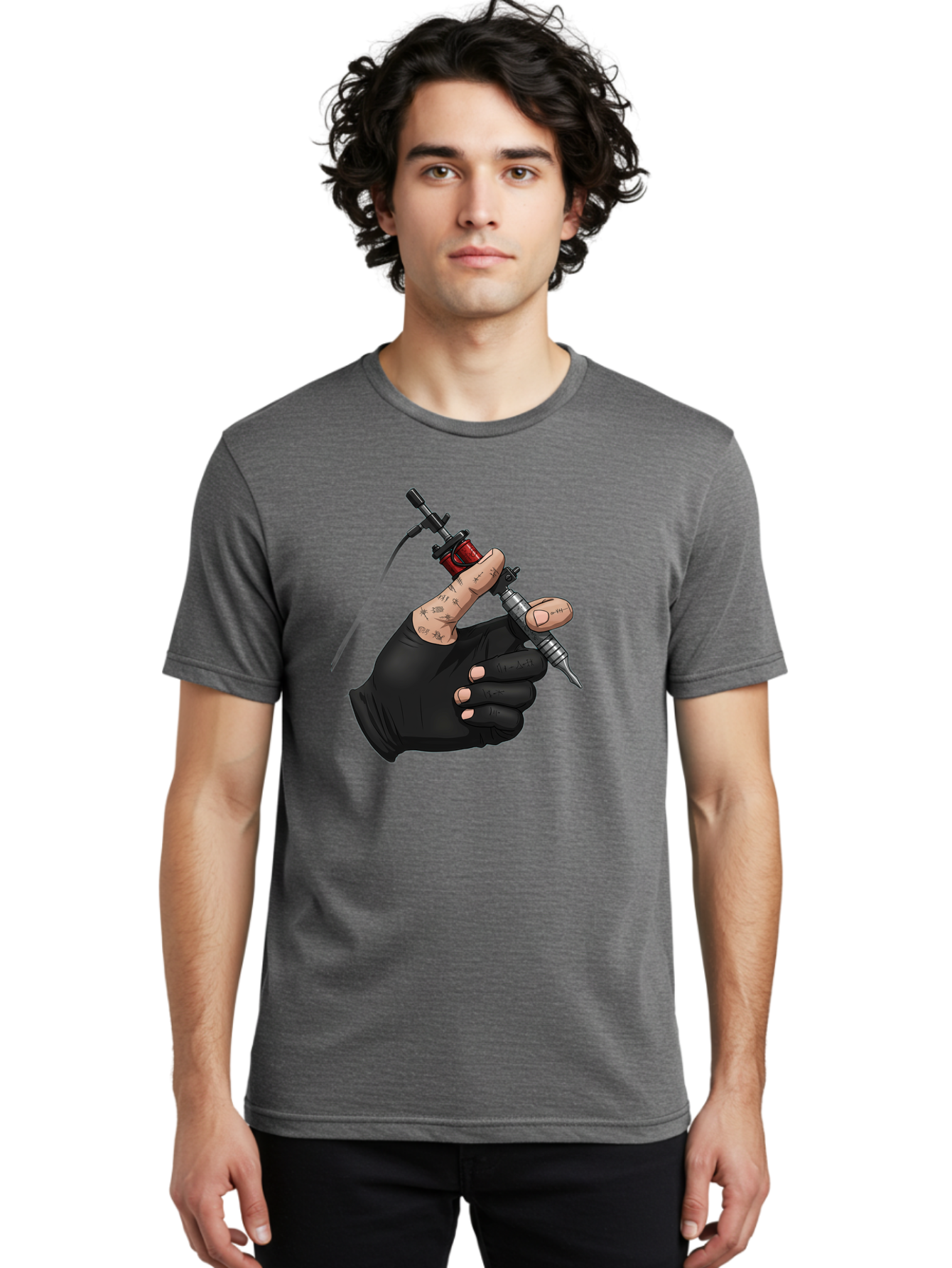 Tattoo-Hand Men'S Graphic Tee, 100% Cotton, Comfortable Casual Summer Wear, Machine Washable, Tattoo Artist Hand, Black Glove, Tattoo Machine In Hand, Red Tattoo Gun, Silver Needle, Tattoo Art, Body Art, Inked Hand Bad802