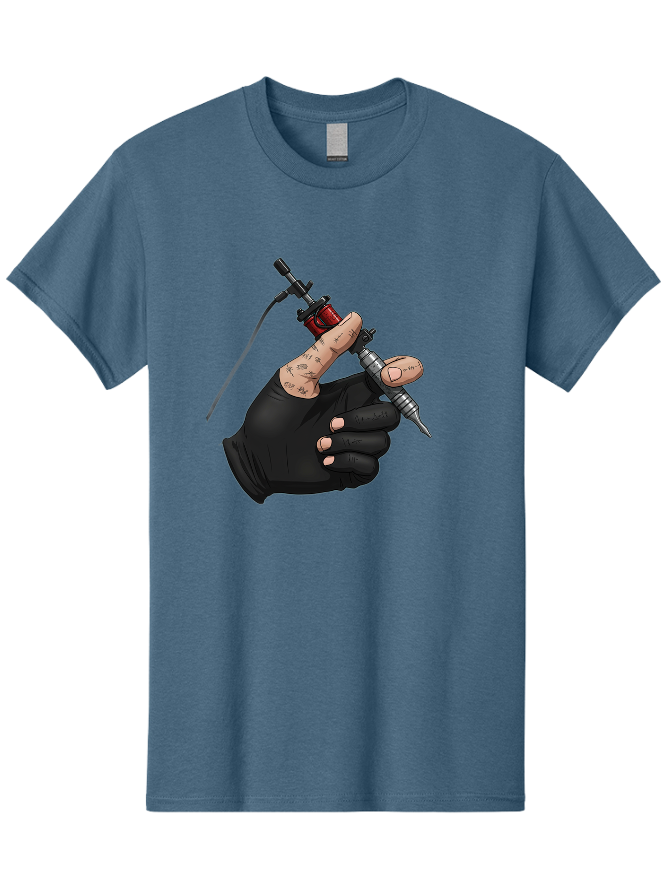 Tattoo-Hand Men'S Graphic Tee, 100% Cotton, Comfortable Casual Summer Wear, Machine Washable, Tattoo Artist Hand, Black Glove, Tattoo Machine In Hand, Red Tattoo Gun, Silver Needle, Tattoo Art, Body Art, Inked Hand Bad802