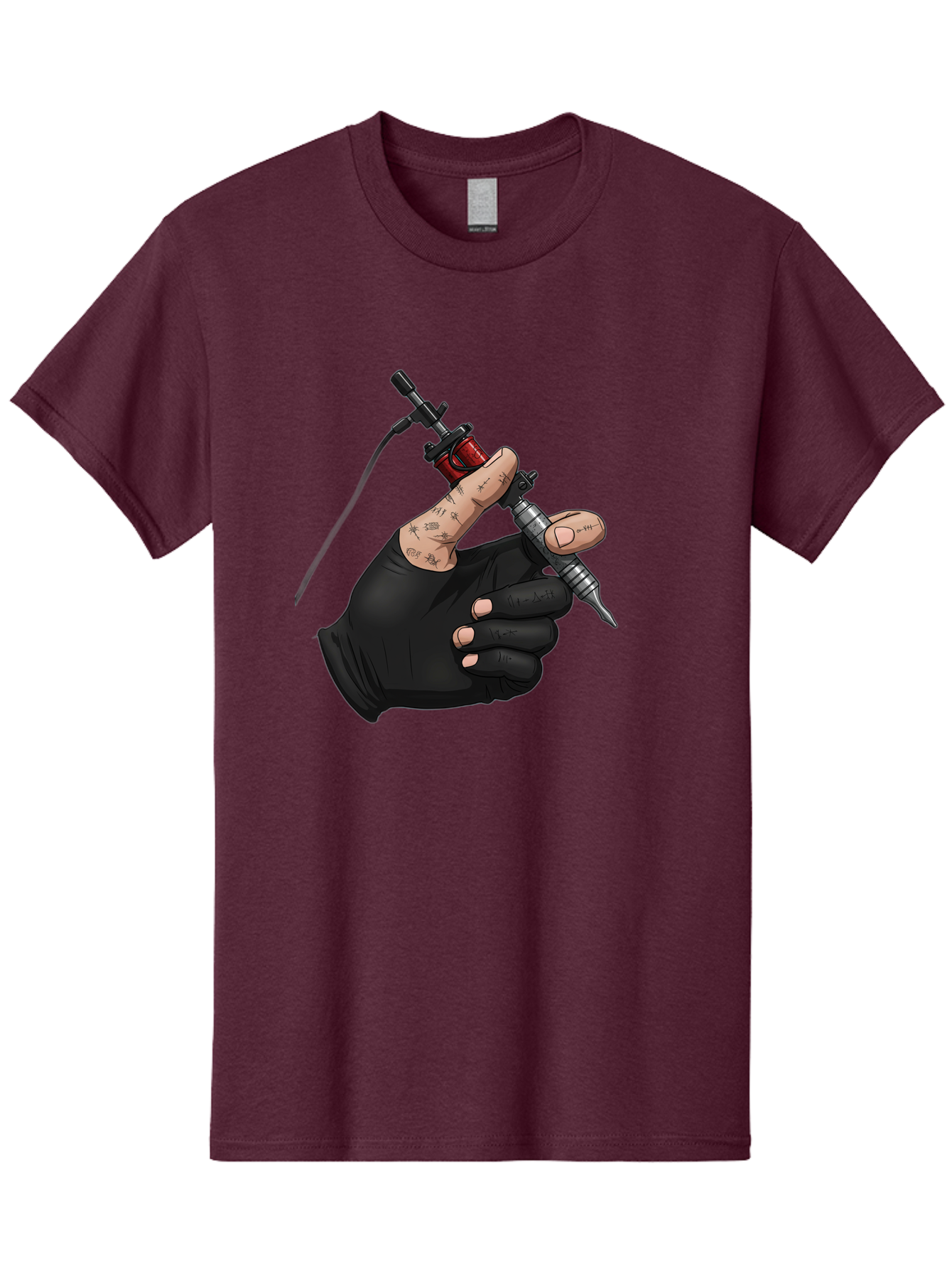Tattoo-Hand Men'S Graphic Tee, 100% Cotton, Comfortable Casual Summer Wear, Machine Washable, Tattoo Artist Hand, Black Glove, Tattoo Machine In Hand, Red Tattoo Gun, Silver Needle, Tattoo Art, Body Art, Inked Hand Bad802