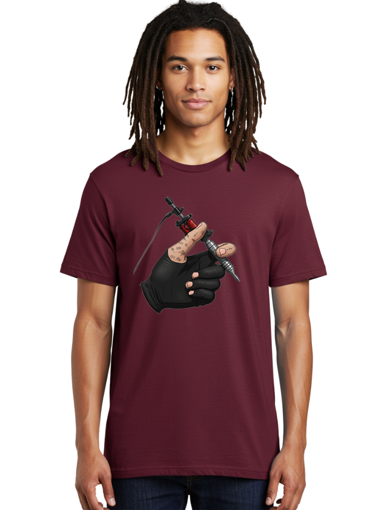 Tattoo-Hand Men'S Graphic Tee, 100% Cotton, Comfortable Casual Summer Wear, Machine Washable, Tattoo Artist Hand, Black Glove, Tattoo Machine In Hand, Red Tattoo Gun, Silver Needle, Tattoo Art, Body Art, Inked Hand Bad802
